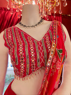 Cherry Red Draped Saree With Mirror Work Blouse