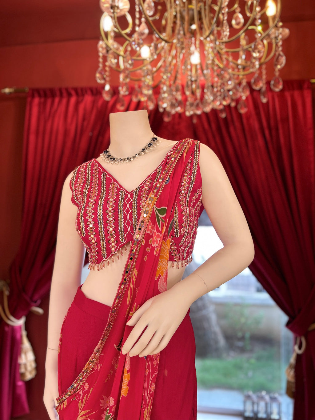 Cherry Red Draped Saree With Mirror Work Blouse