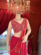 Cherry Red Draped Saree With Mirror Work Blouse