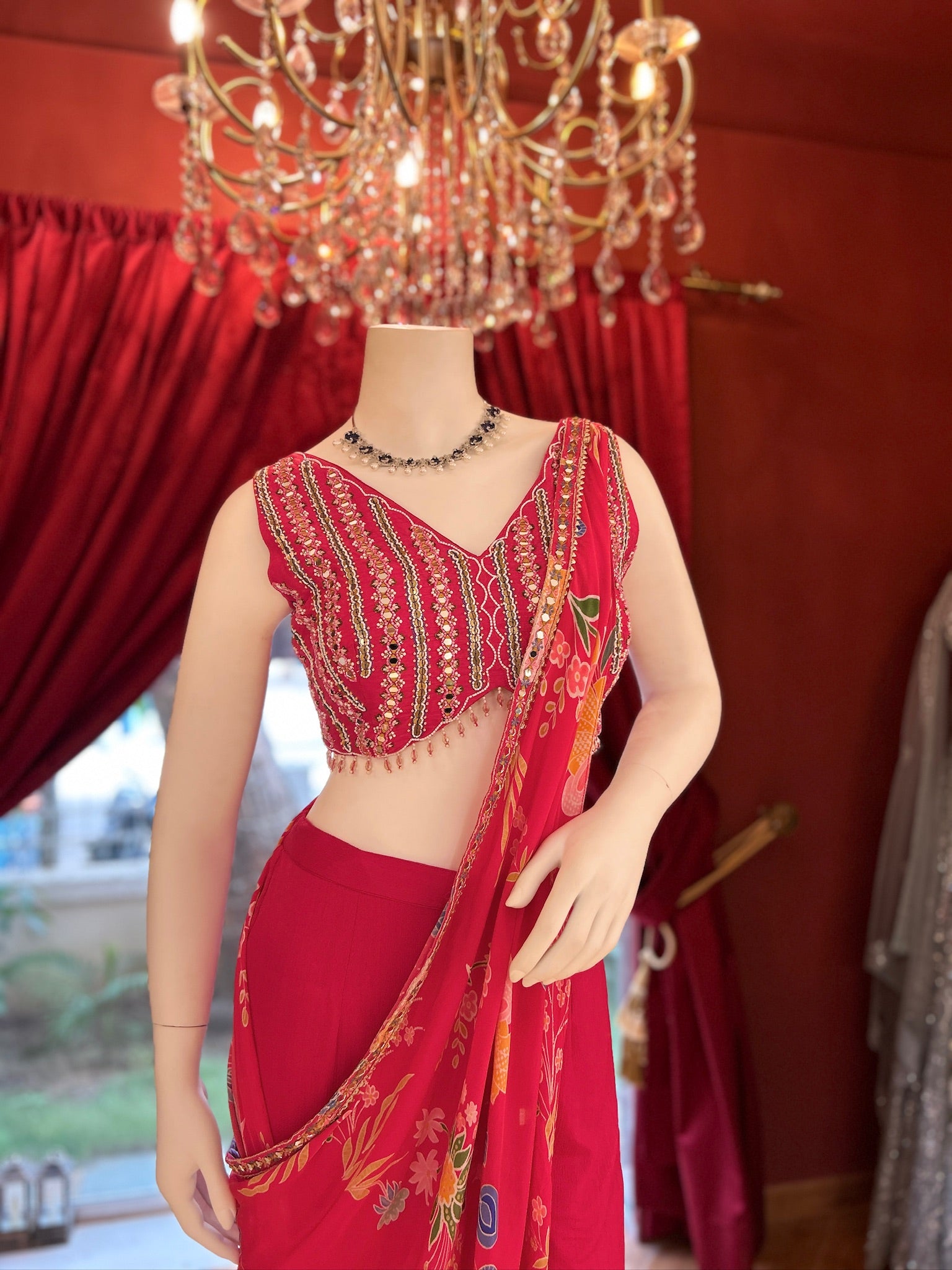 Cherry Red Draped Saree With Mirror Work Blouse