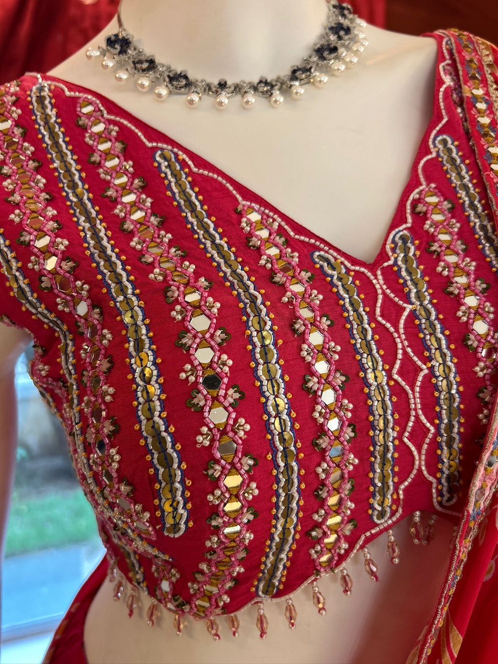 Cherry Red Draped Saree With Mirror Work Blouse