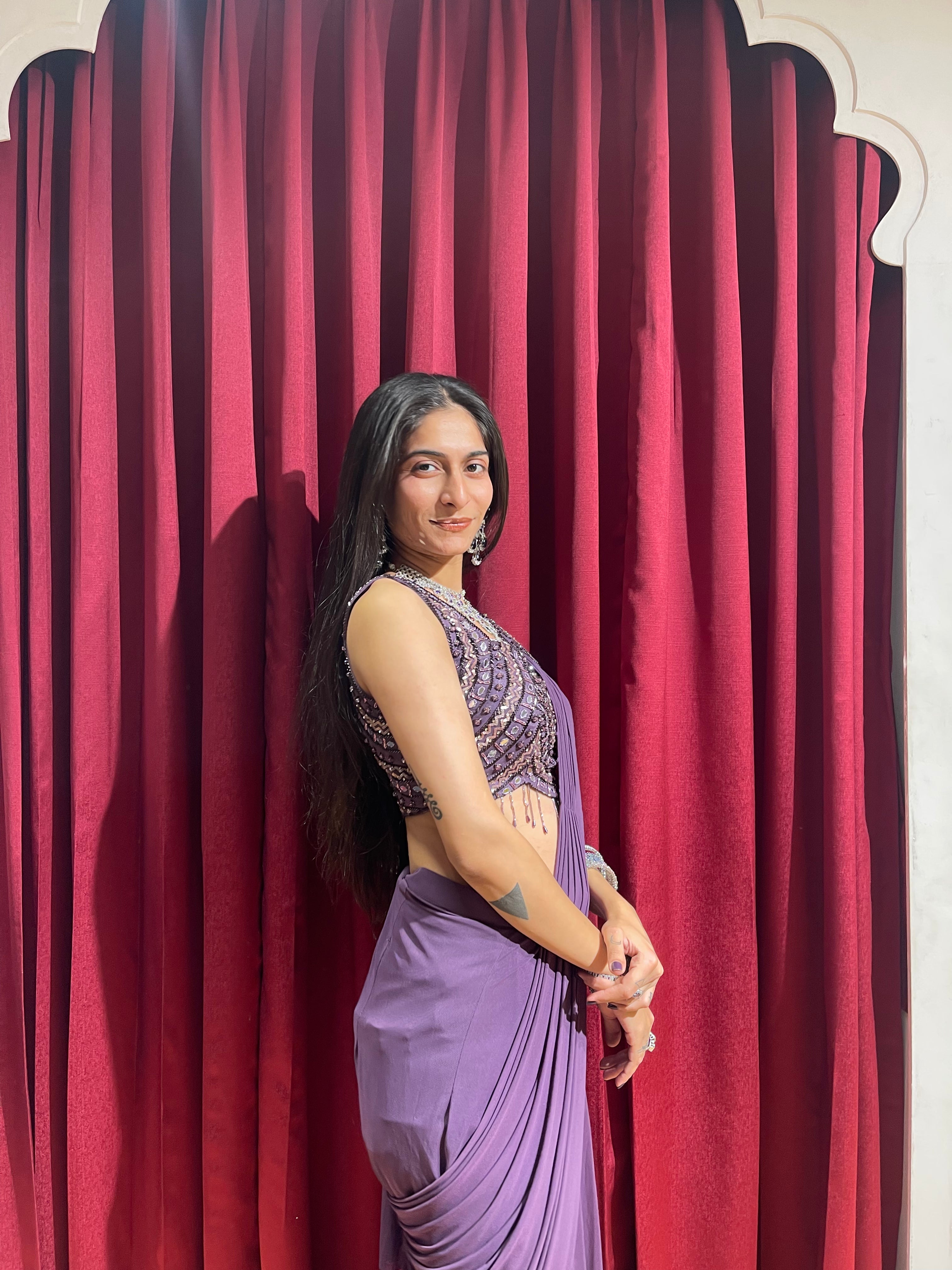 Wine Whisper Draped Saree With Full Mirror Work Blouse