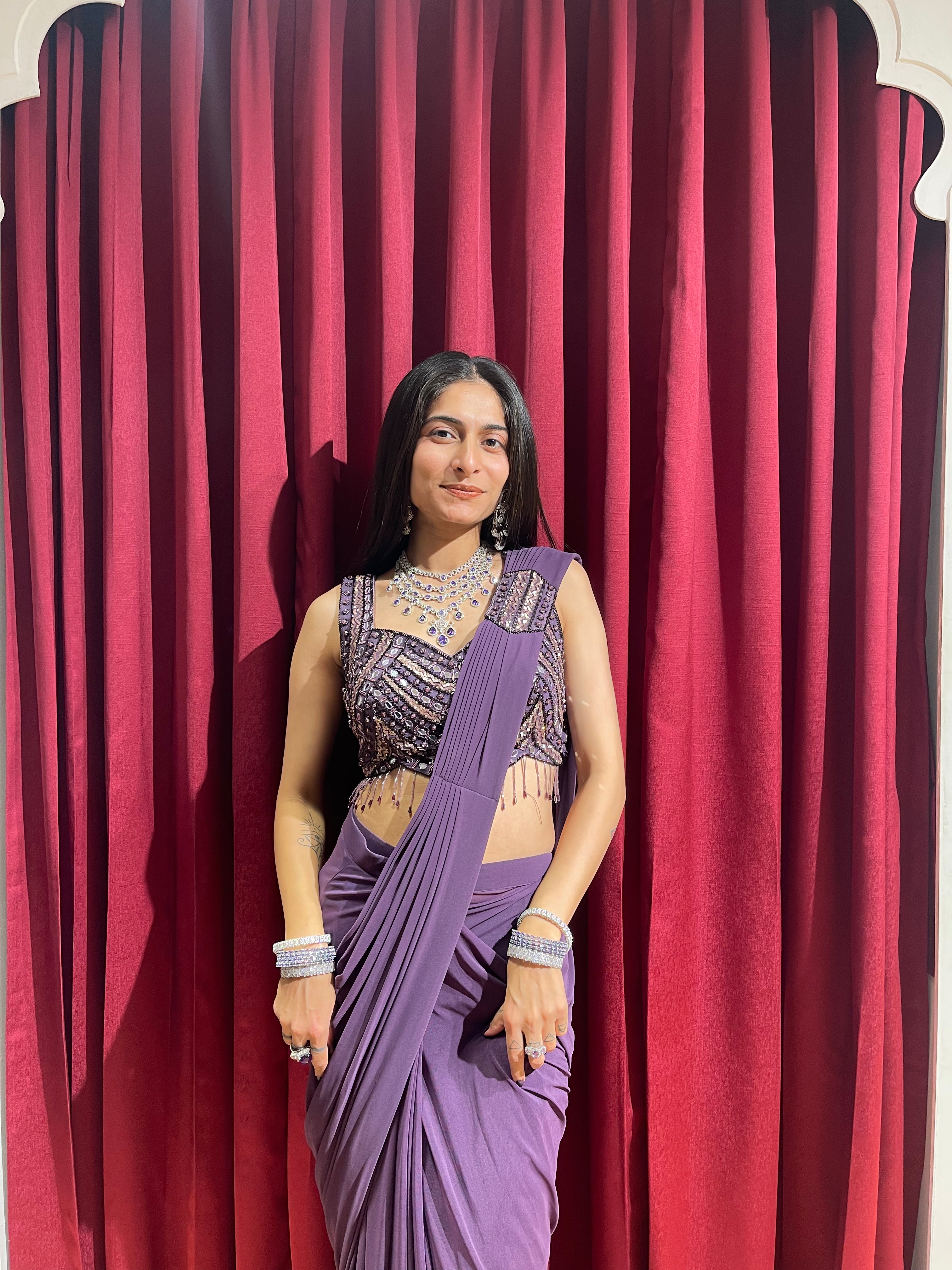 Wine Whisper Draped Saree With Full Mirror Work Blouse