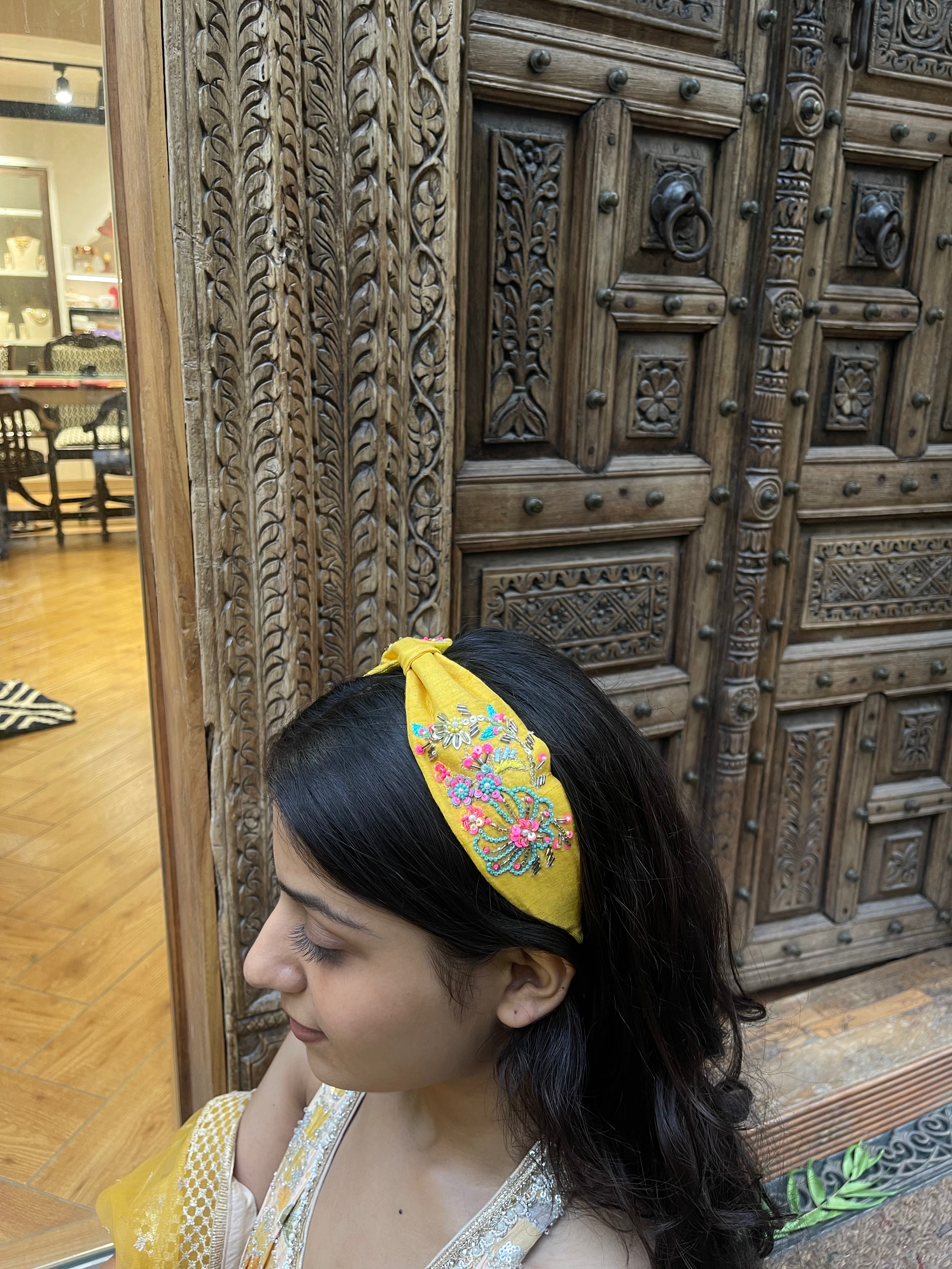 Yellow Floral Hand Embroidered Sequin Hairband