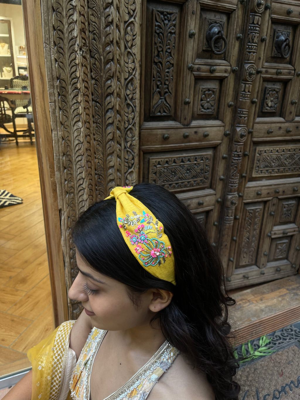 Yellow Floral Hand Embroidered Sequin Hairband