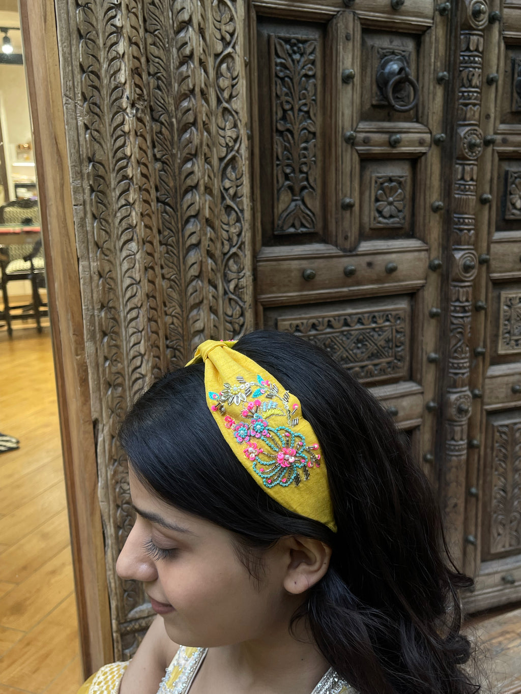 Yellow Floral Hand Embroidered Sequin Hairband