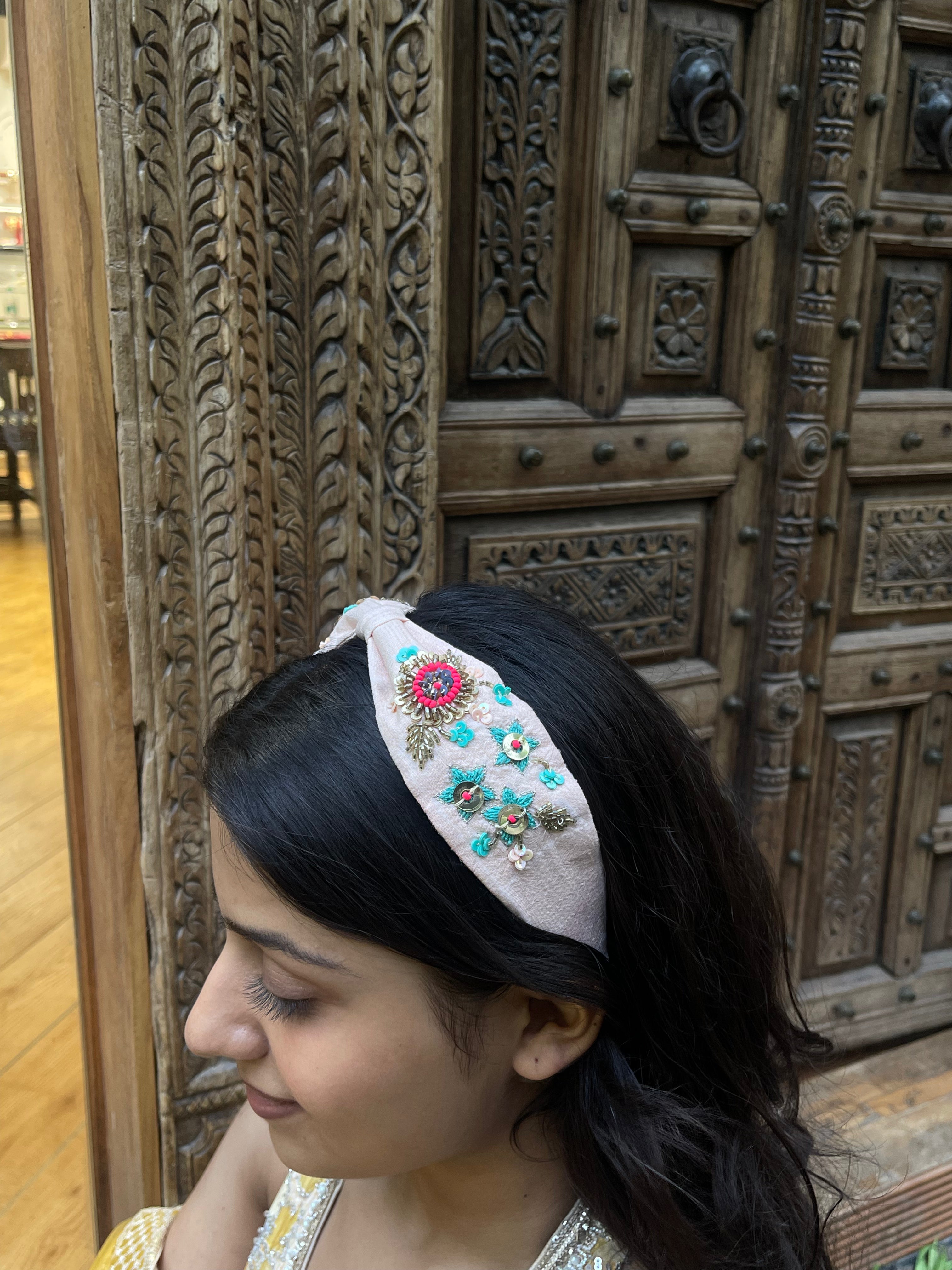 Pastel Pink Floral Hand Embroidered Sequin Hairband