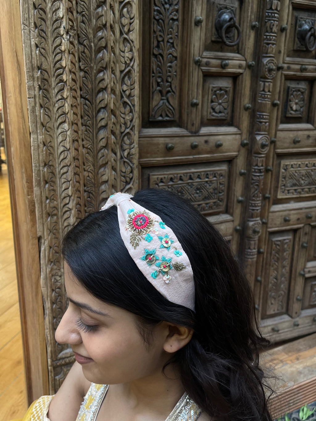 Pastel Pink Floral Hand Embroidered Sequin Hairband