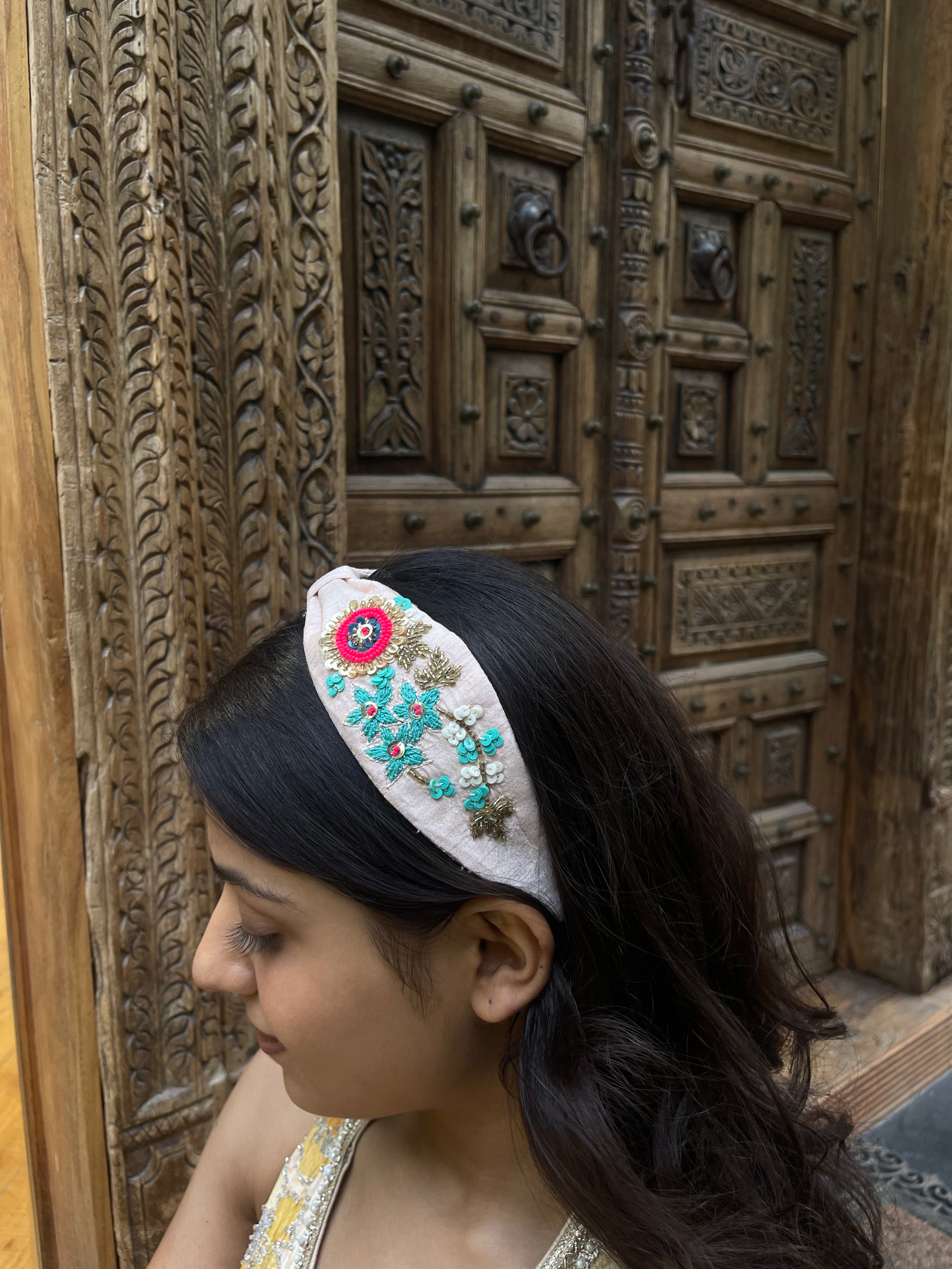 Pastel Pink Floral Hand Embroidered Beadwork Hairband