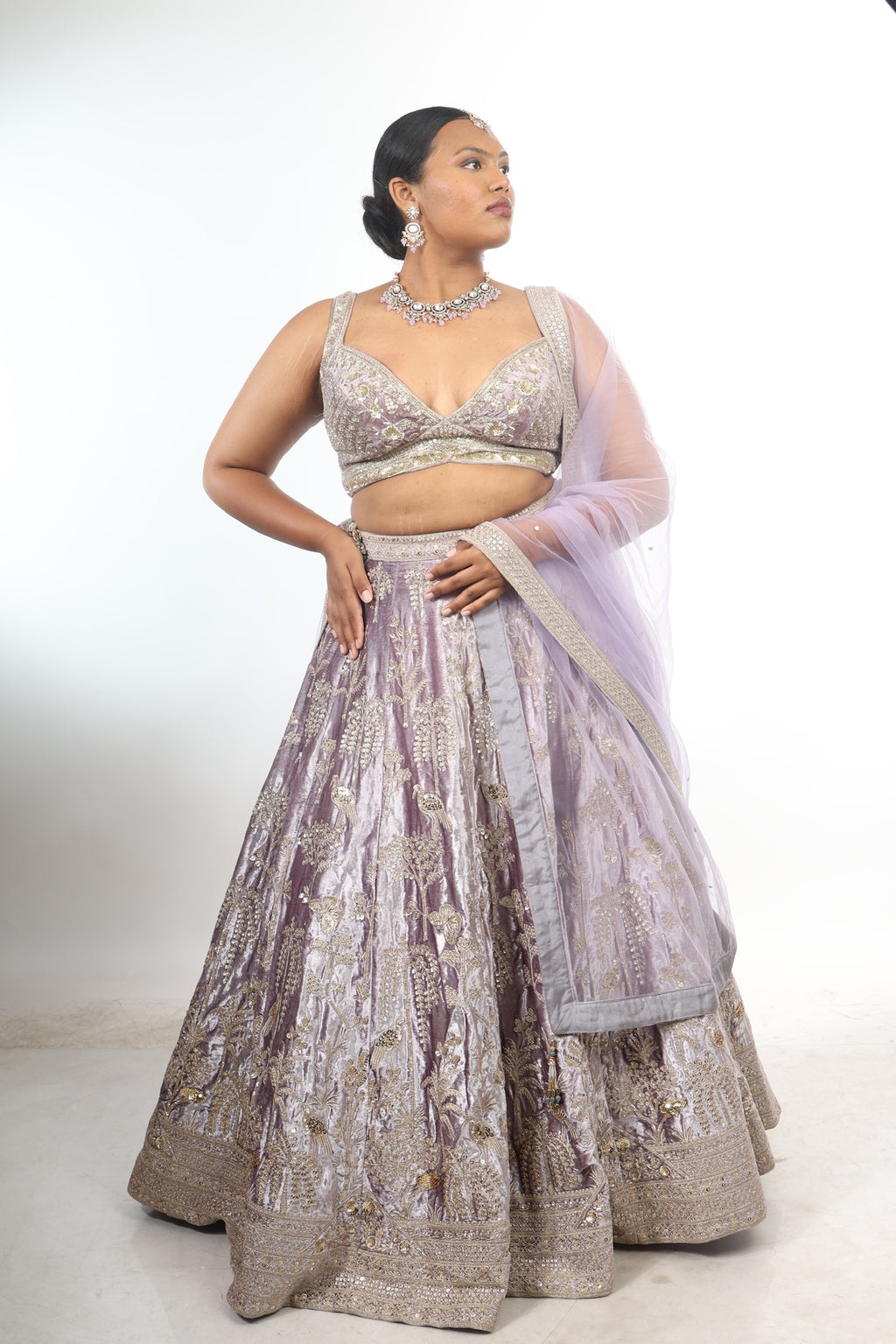 Velvet Lavender Zardosi Handwork Lehenga