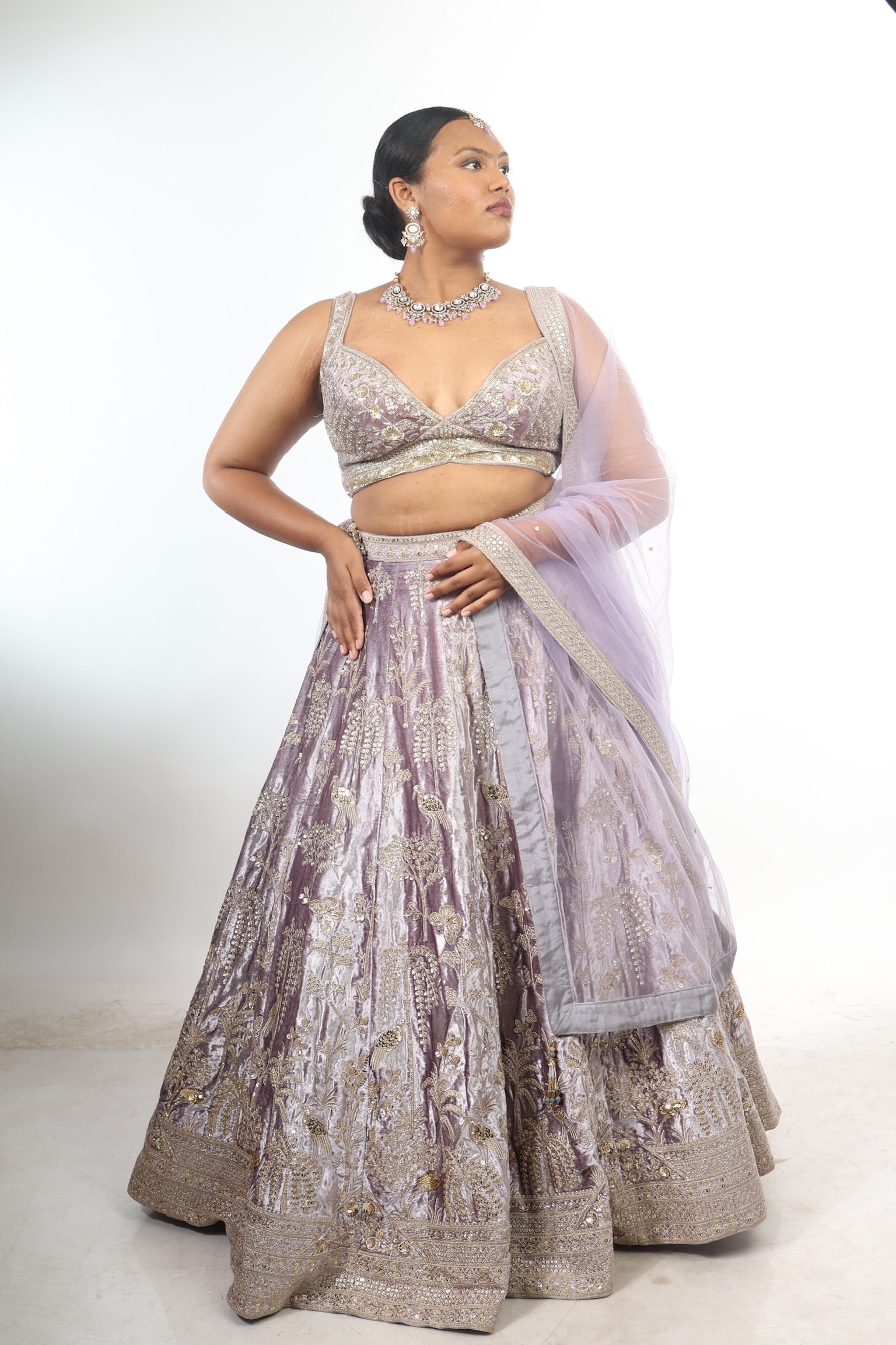 Velvet Lavender Zardosi Handwork Lehenga