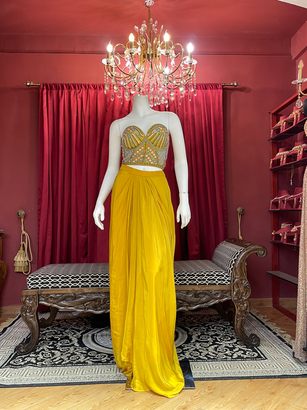 Yellow Bead Work Corset With Drape Skirt And Shrug