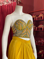 Yellow Bead Work Corset With Drape Skirt And Shrug
