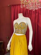 Yellow Bead Work Corset With Drape Skirt And Shrug