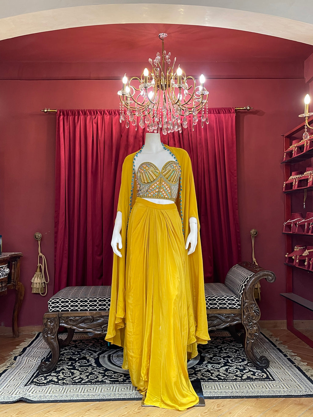 Yellow Bead Work Corset With Drape Skirt And Shrug