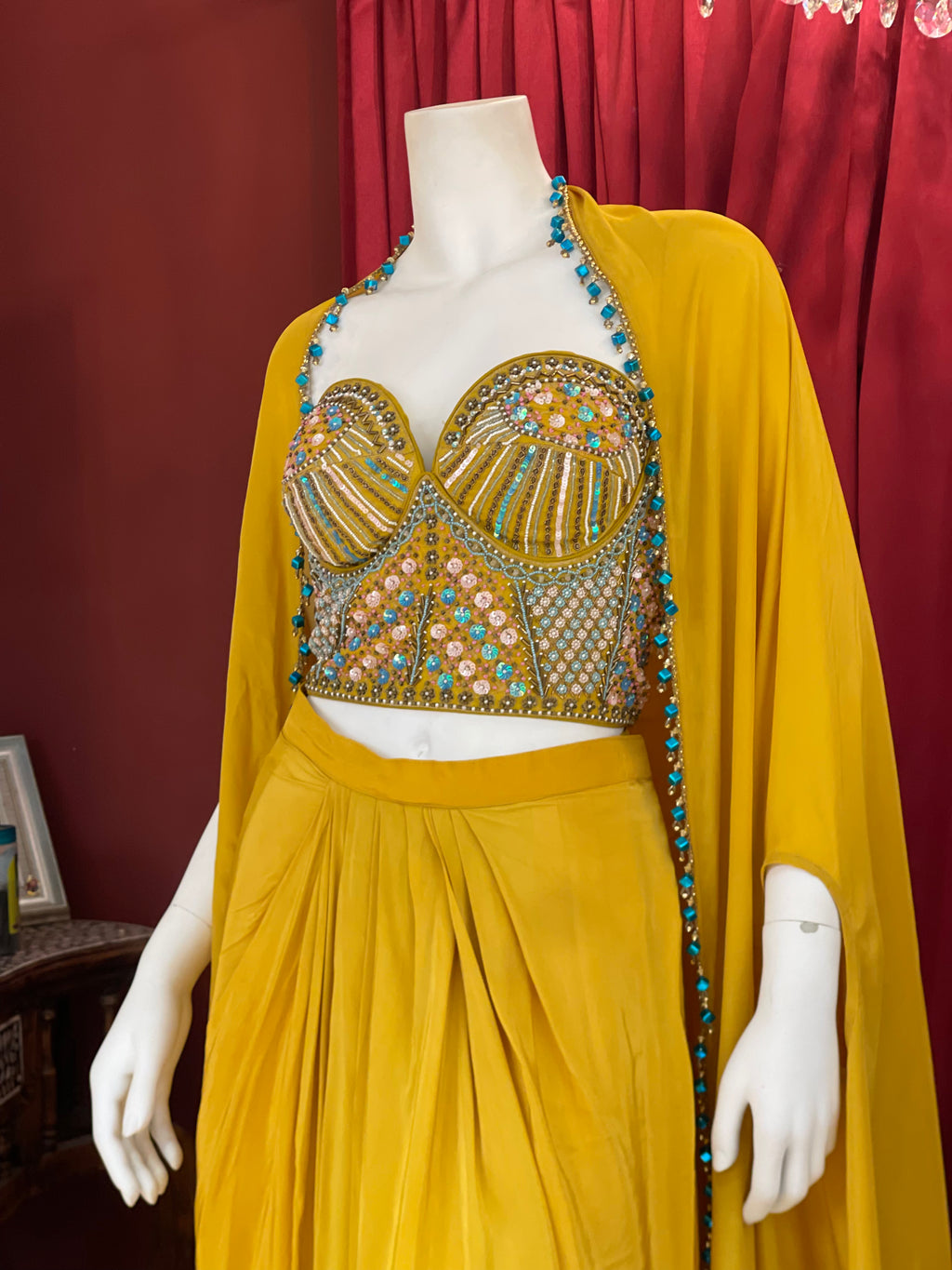 Yellow Bead Work Corset With Drape Skirt And Shrug