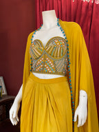 Yellow Bead Work Corset With Drape Skirt And Shrug