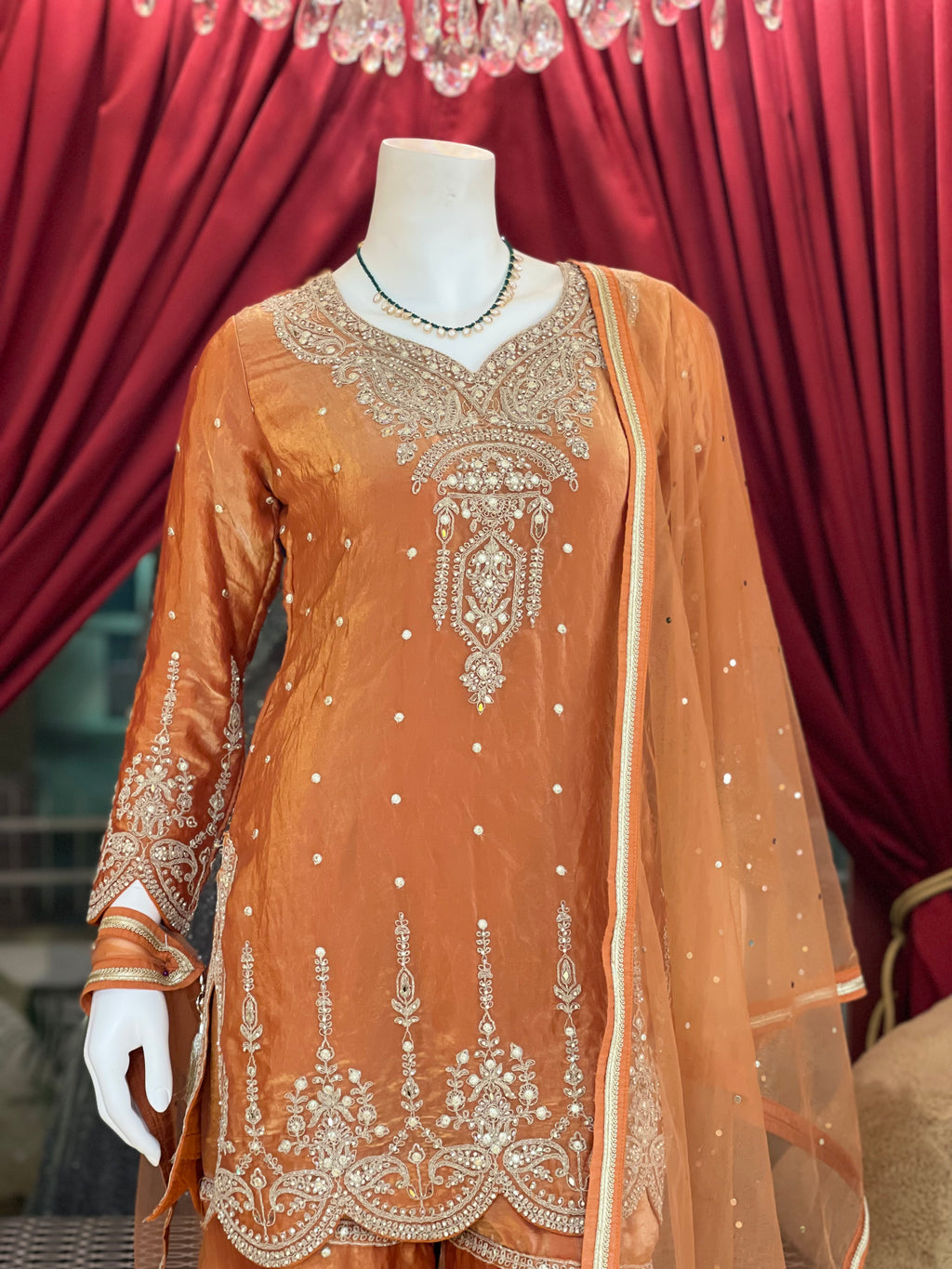 Rust Golden Embroidered Kurta Set X Orepiya