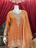 Rust Golden Embroidered Kurta Set X Orepiya
