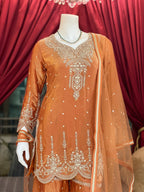 Rust Golden Embroidered Kurta Set X Orepiya