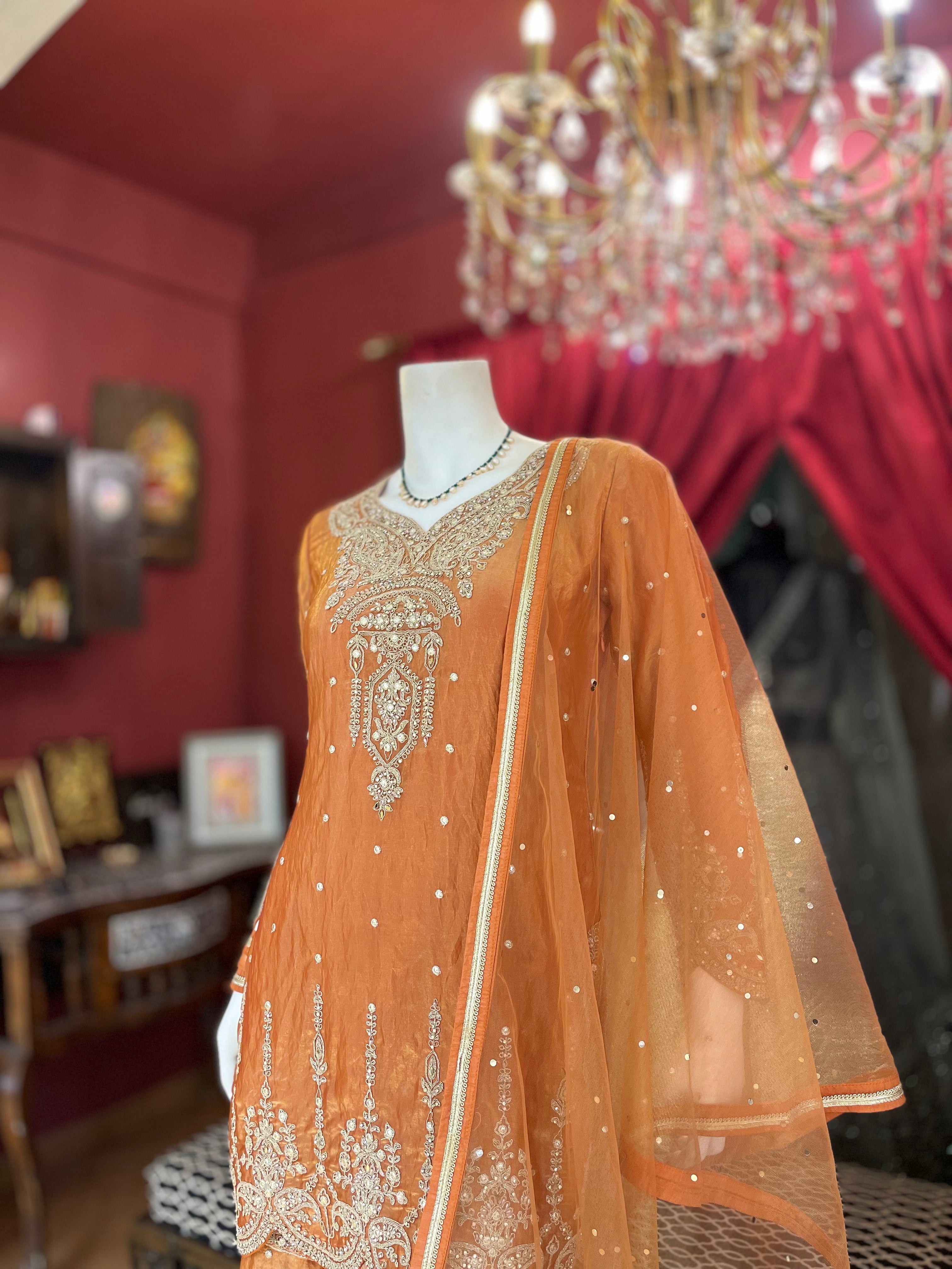 Rust Golden Embroidered Kurta Set X Orepiya