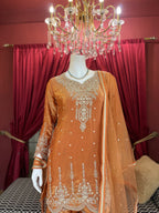 Rust Golden Embroidered Kurta Set X Orepiya