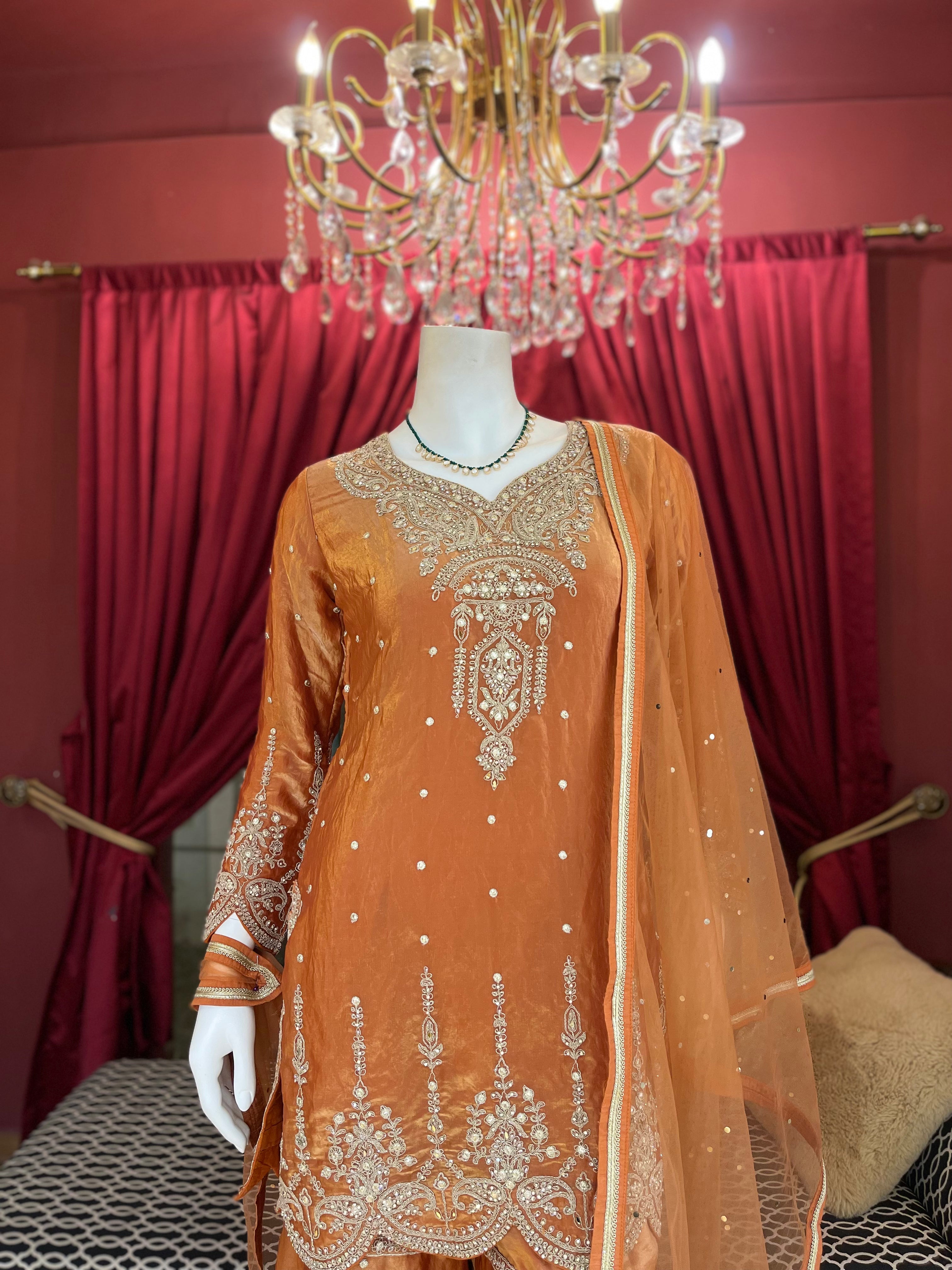 Rust Golden Embroidered Kurta Set X Orepiya