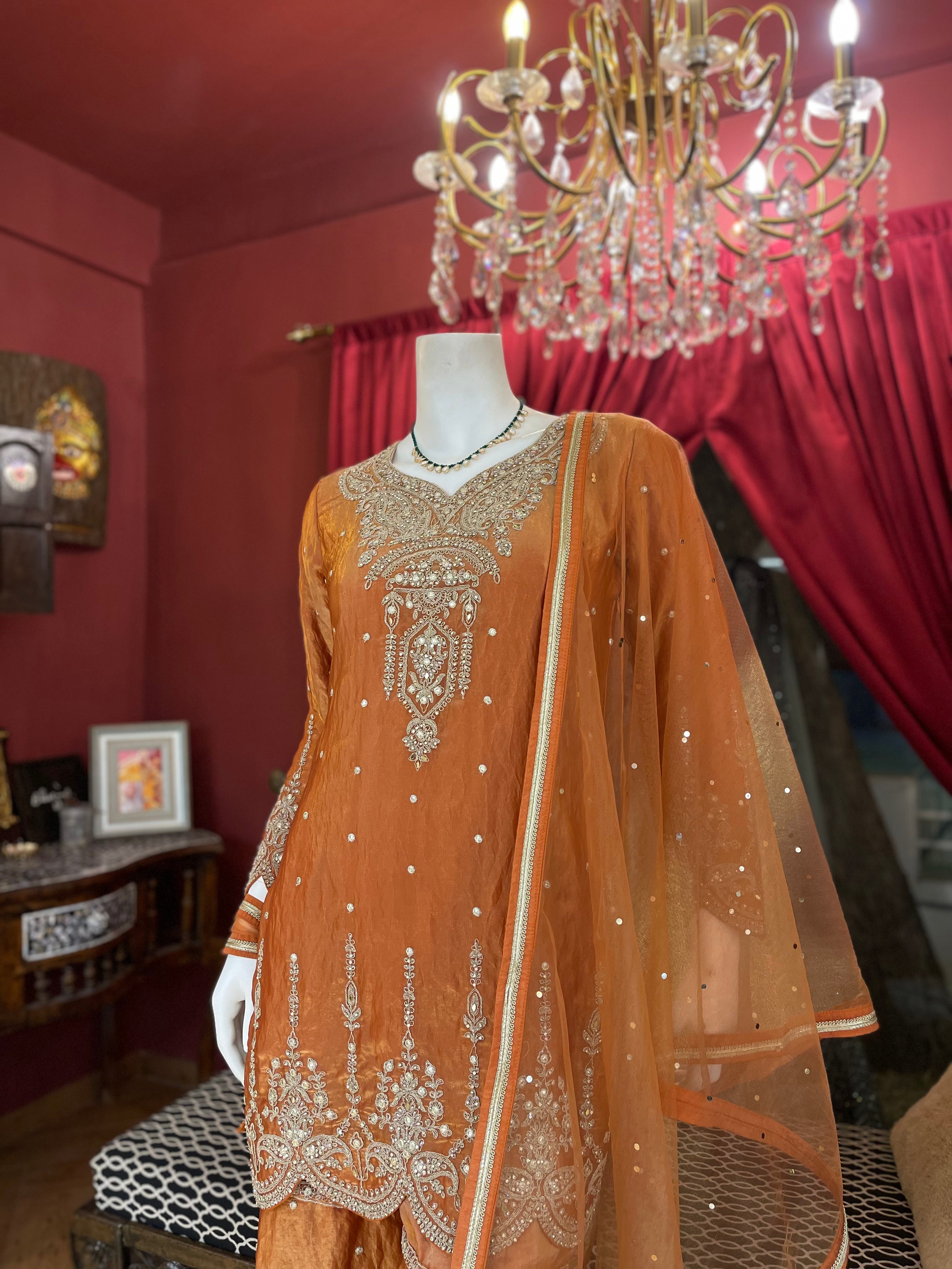 Rust Golden Embroidered Kurta Set X Orepiya