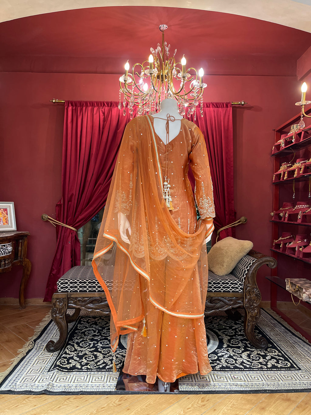Rust Golden Embroidered Kurta Set X Orepiya