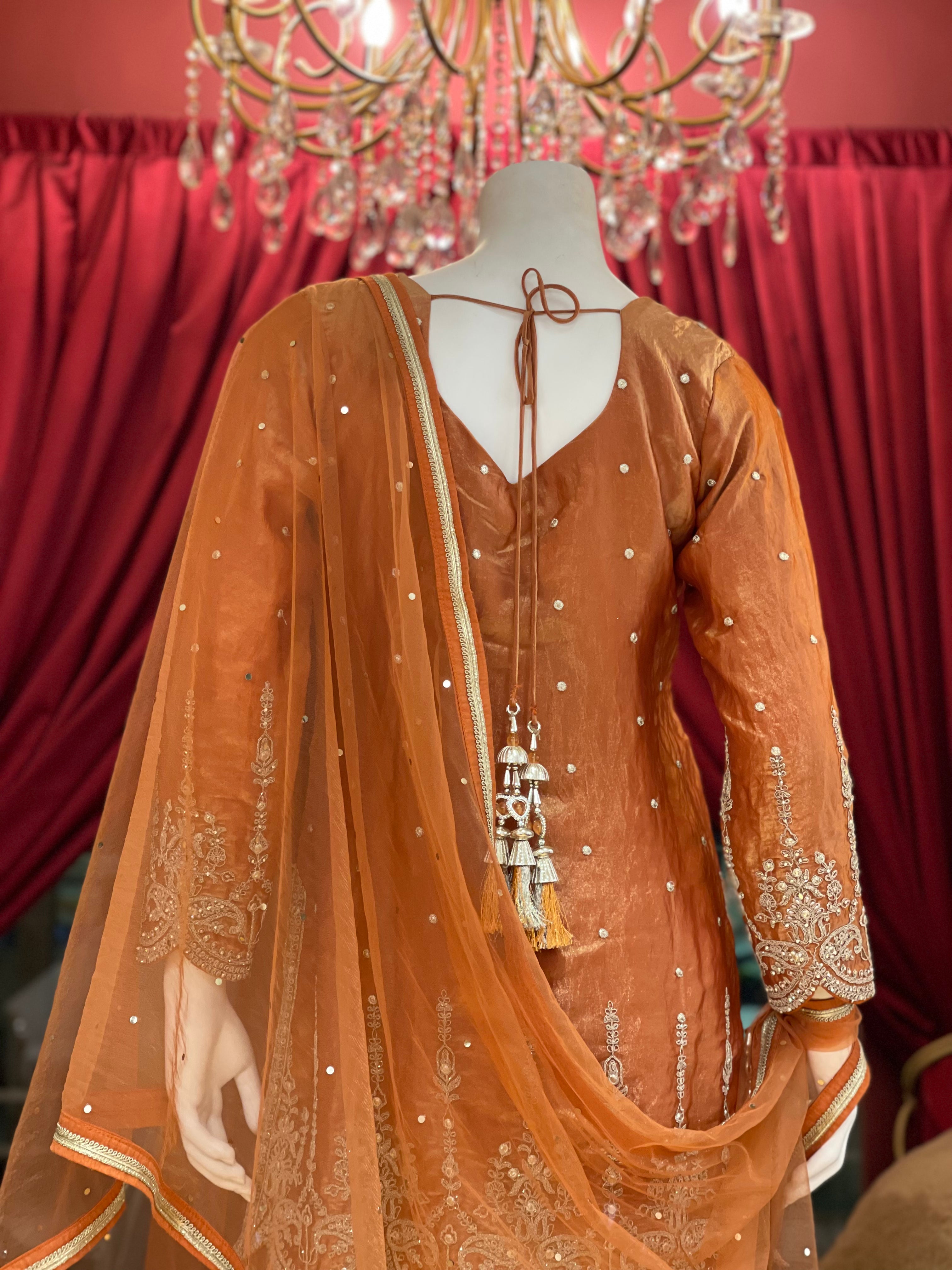 Rust Golden Embroidered Kurta Set X Orepiya