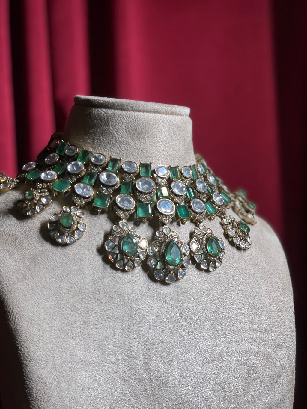 Emerald Green Polki Mozonite Kundan