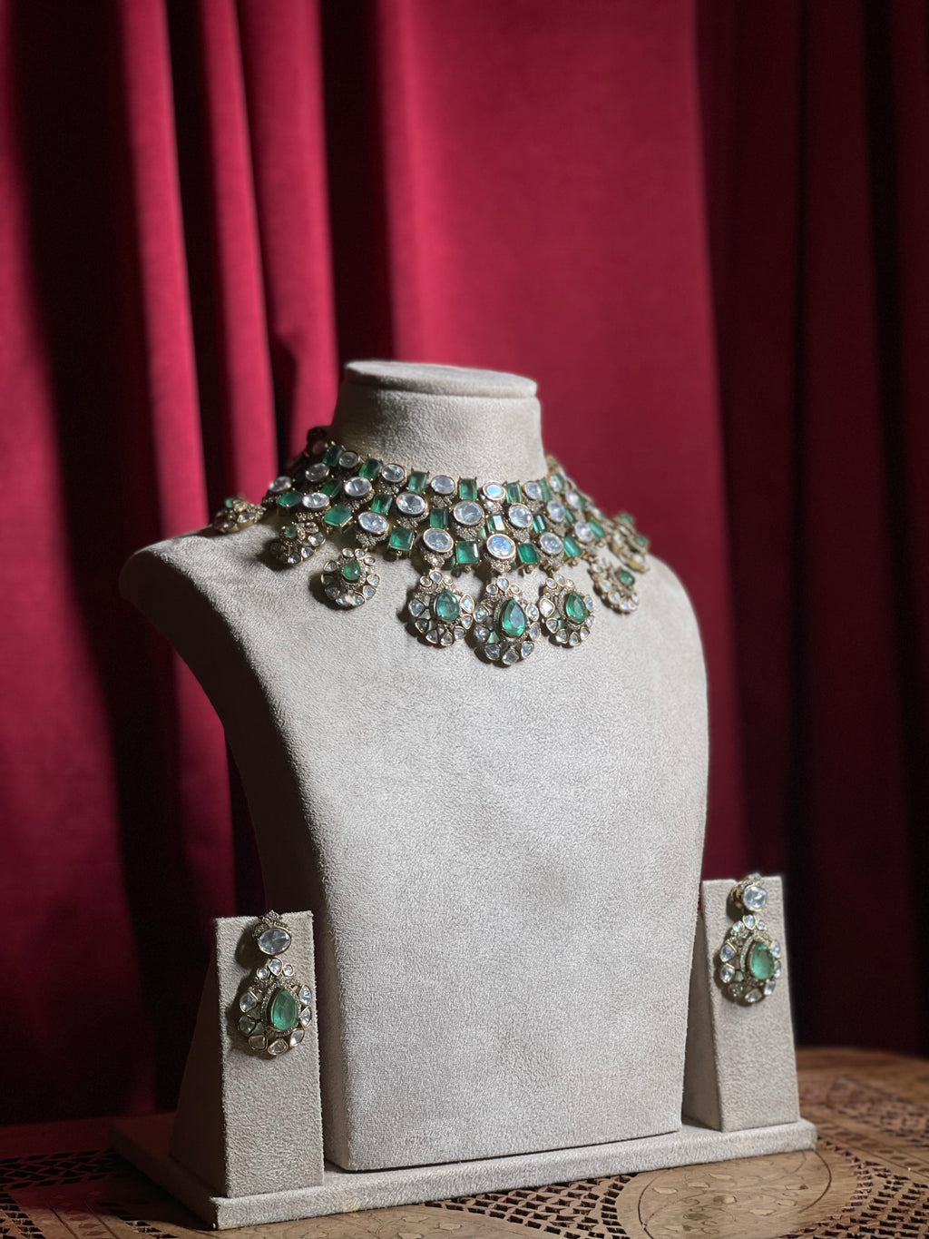 Emerald Green Polki Mozonite Kundan