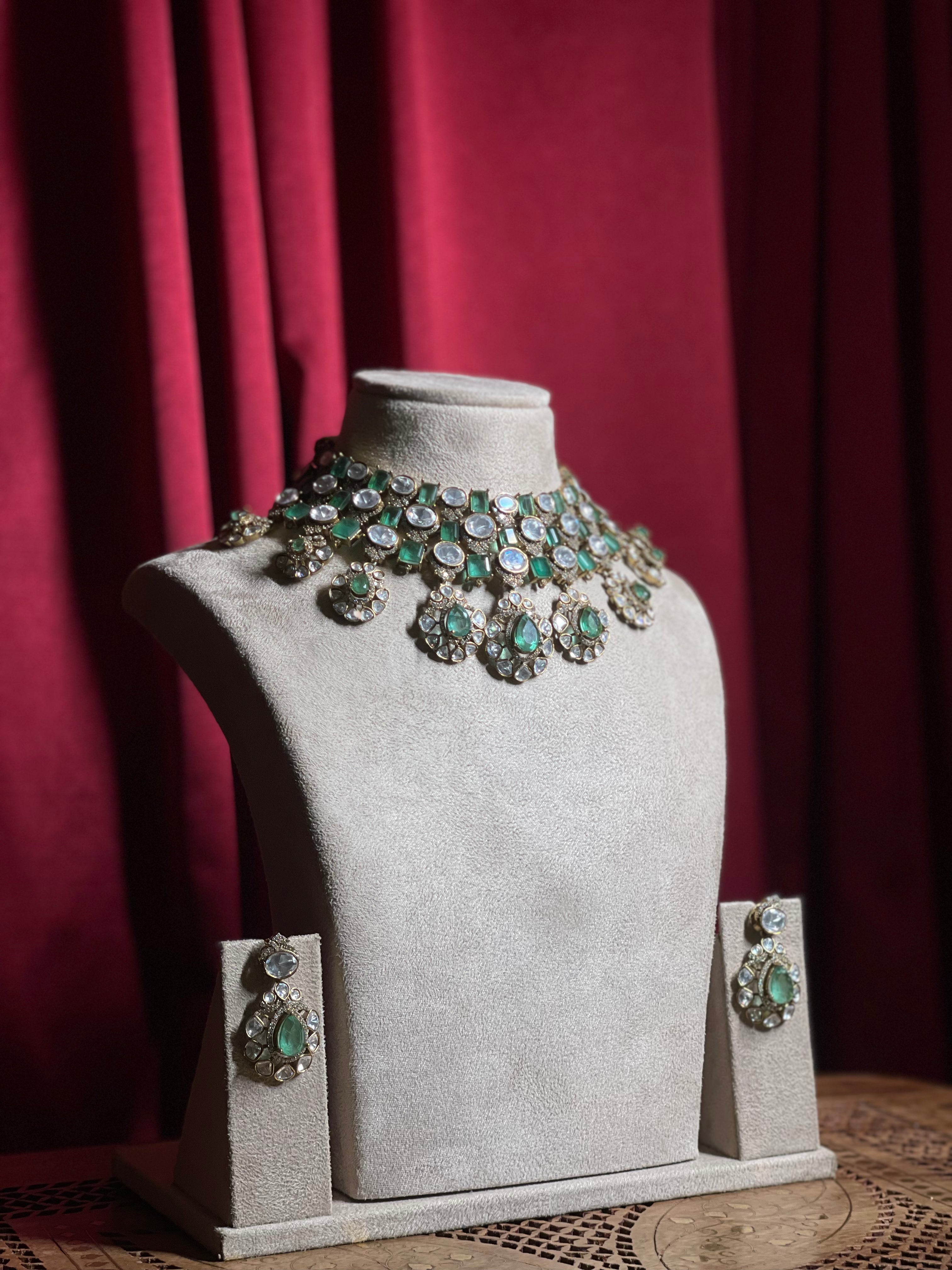 Emerald Green Polki Mozonite Kundan
