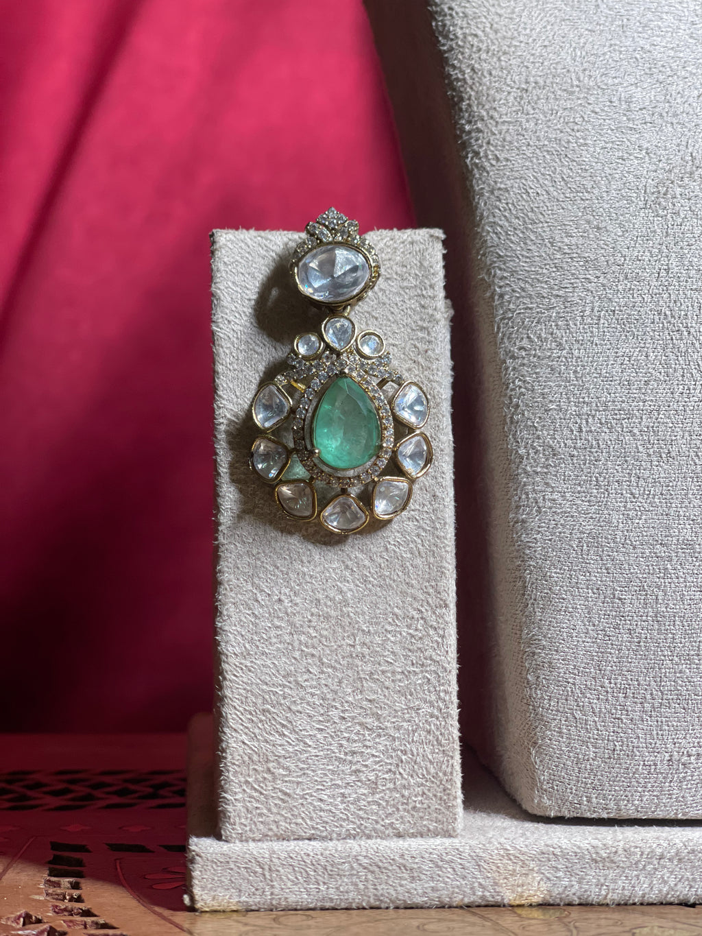 Emerald Green Polki Mozonite Kundan