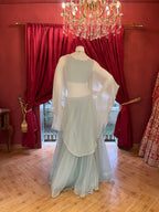 Sky-blue, hand-embroidered, floral motif Indo-Western three-piece shrug set