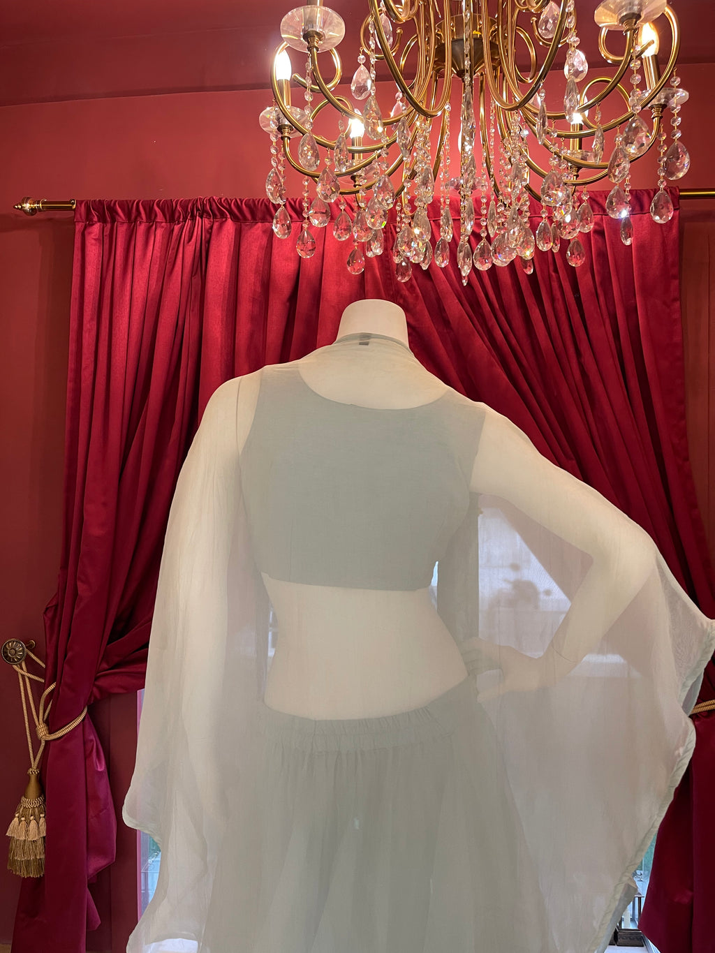 Sky-blue, hand-embroidered, floral motif Indo-Western three-piece shrug set