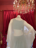 Sky-blue, hand-embroidered, floral motif Indo-Western three-piece shrug set