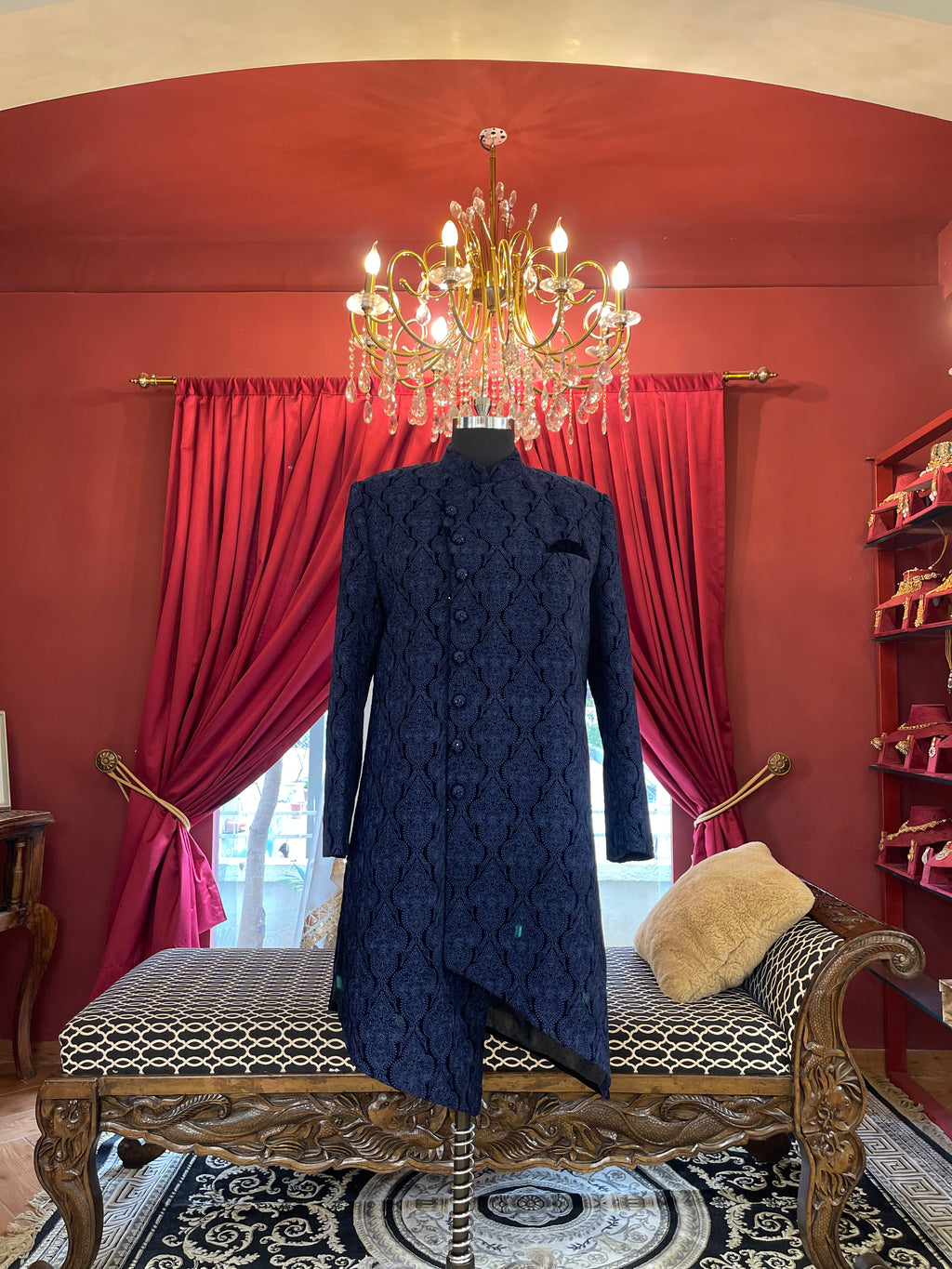 Blue Embroidered Velvet Sherwani