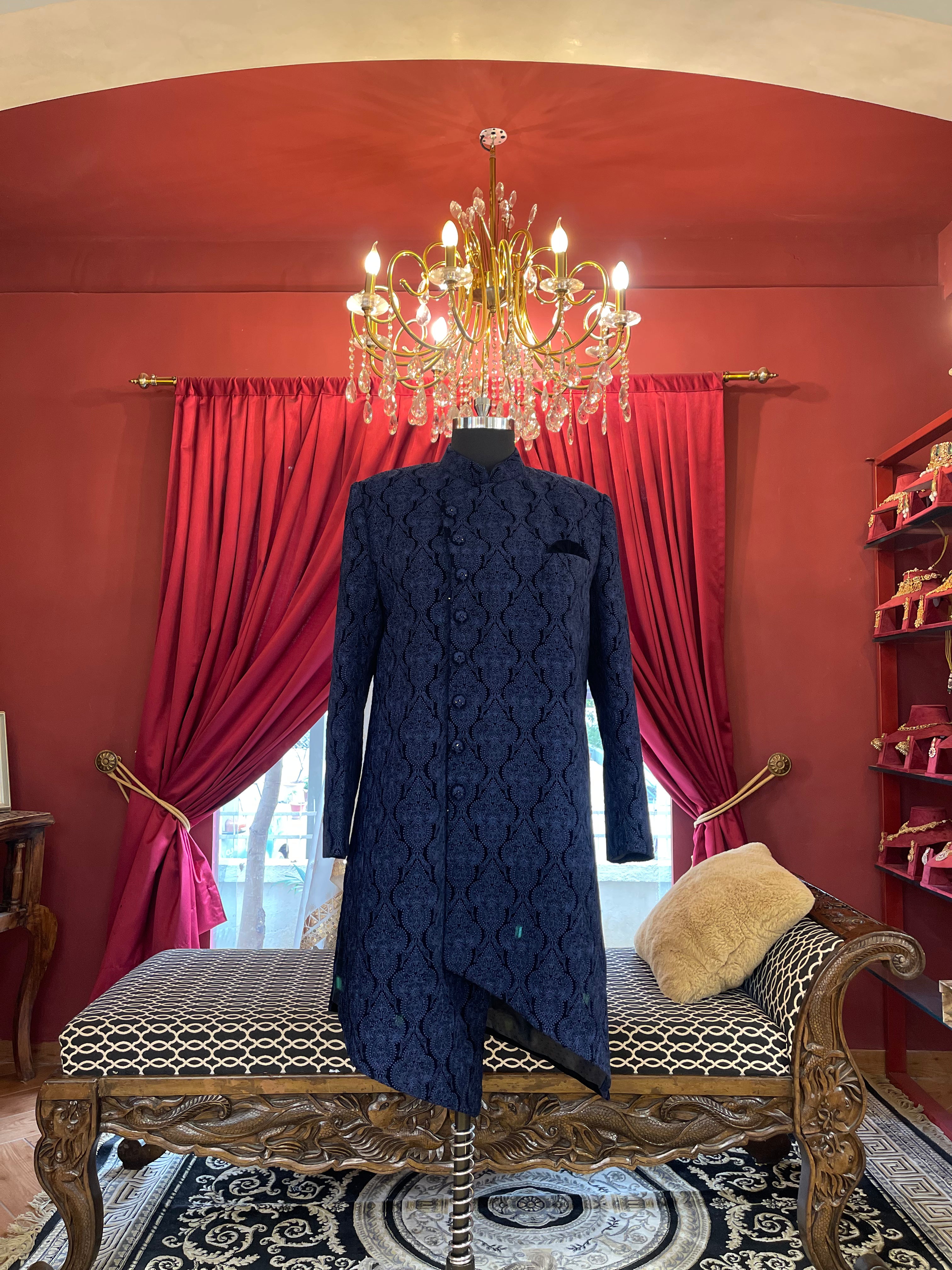 Blue Embroidered Velvet Sherwani