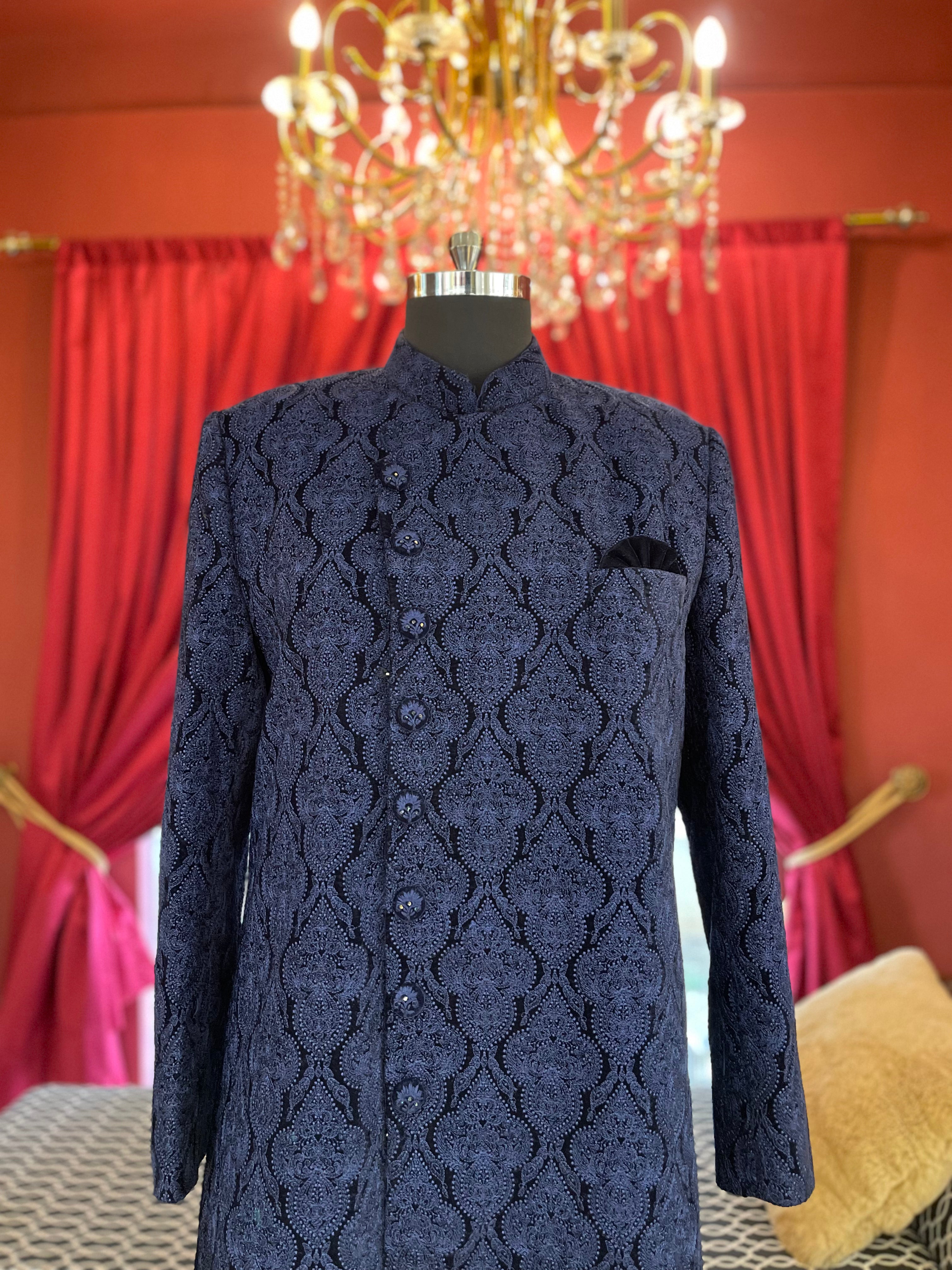 Blue Embroidered Velvet Sherwani