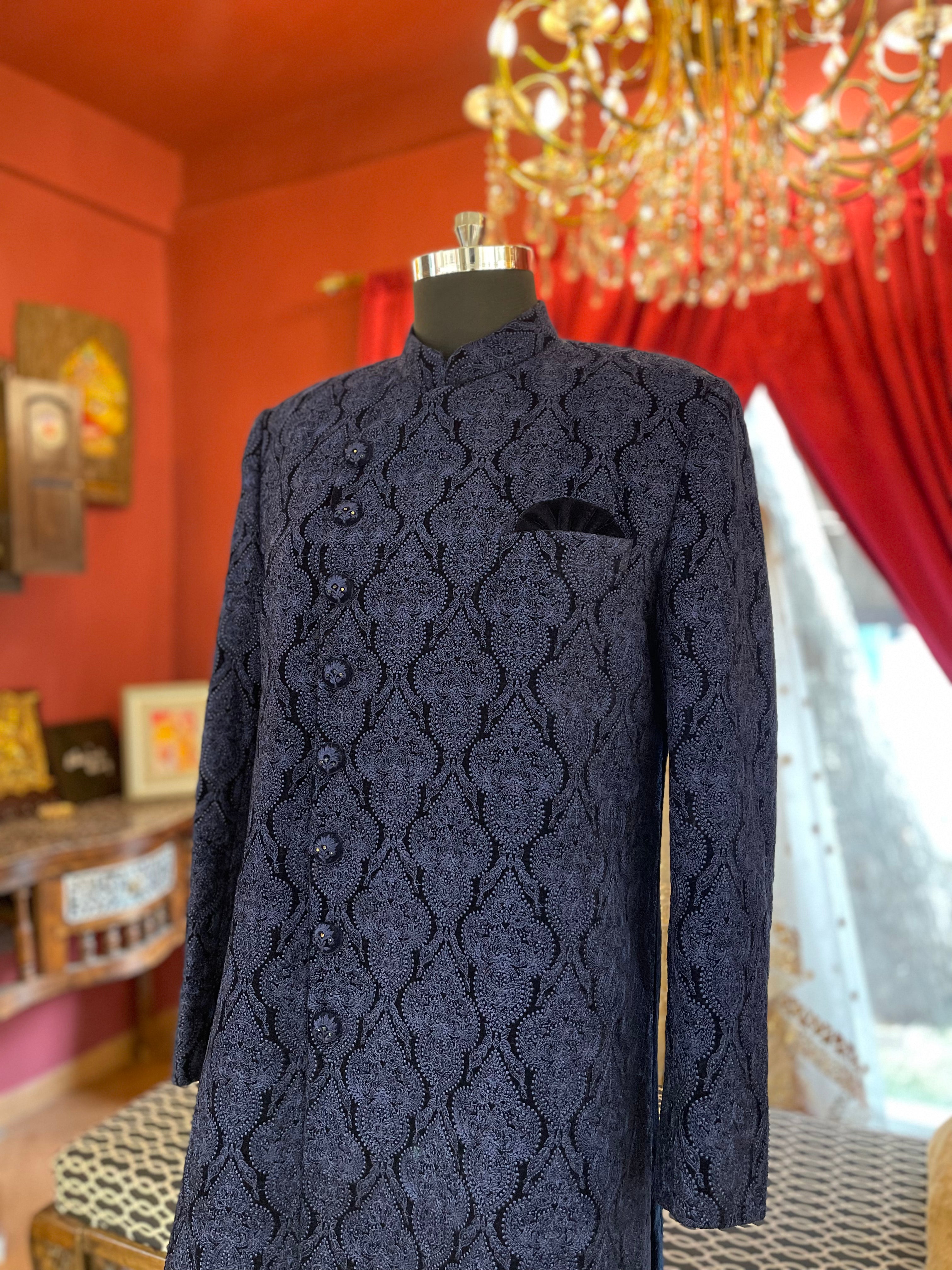 Blue Embroidered Velvet Sherwani