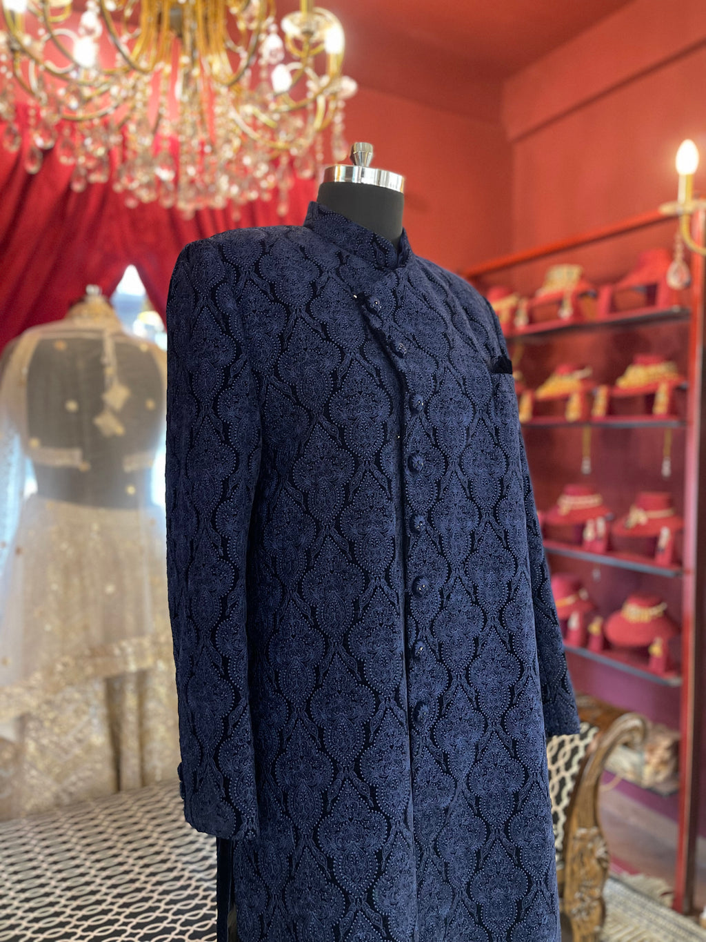 Blue Embroidered Velvet Sherwani