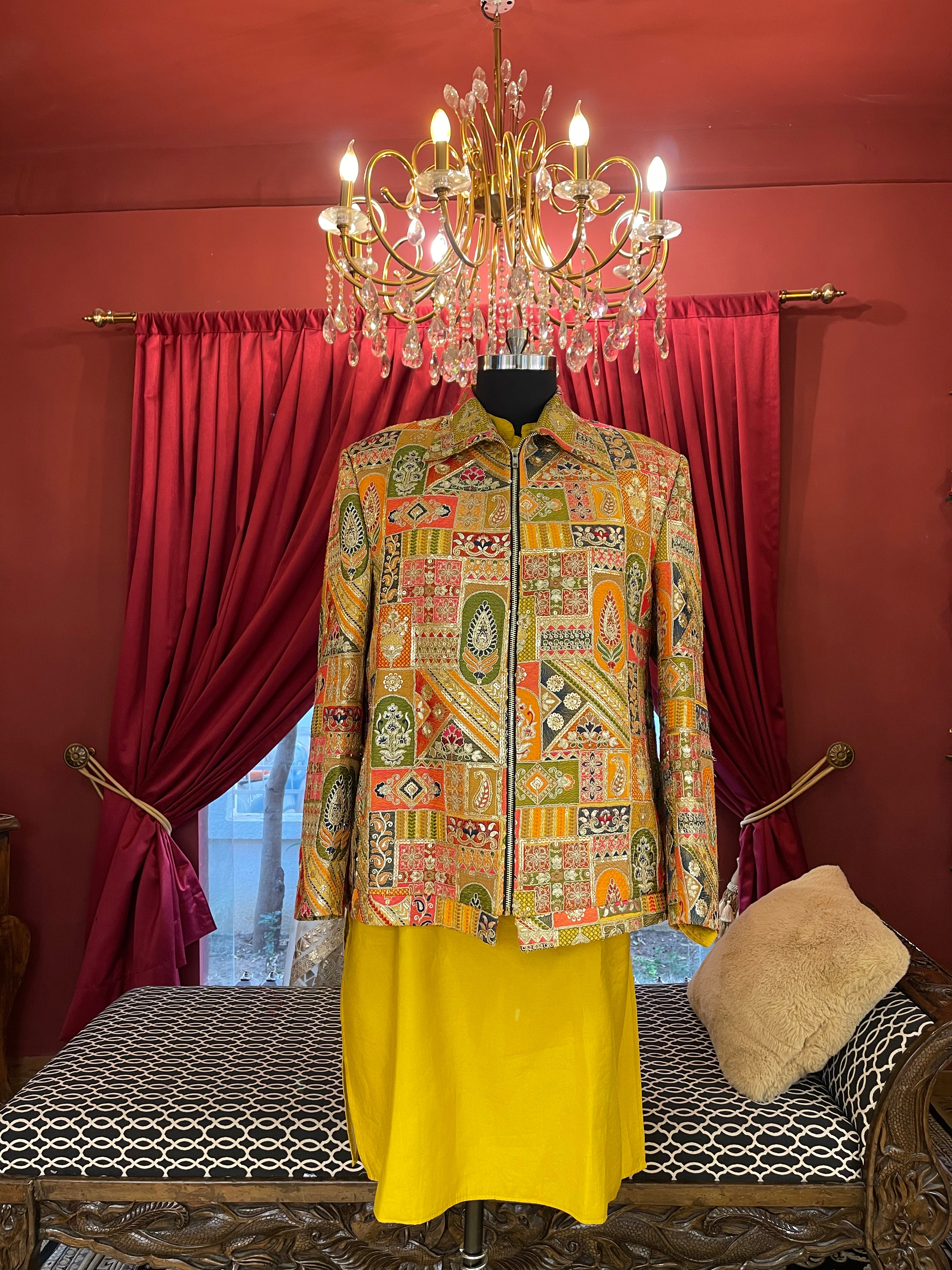 Intricate patchwork-inspired Yellow Jacket with Kurta