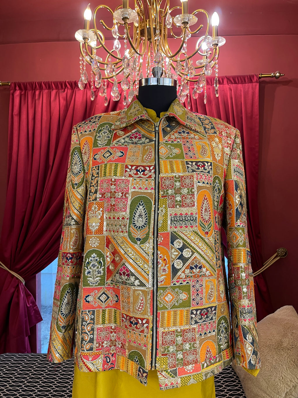 Intricate patchwork-inspired Yellow Jacket with Kurta