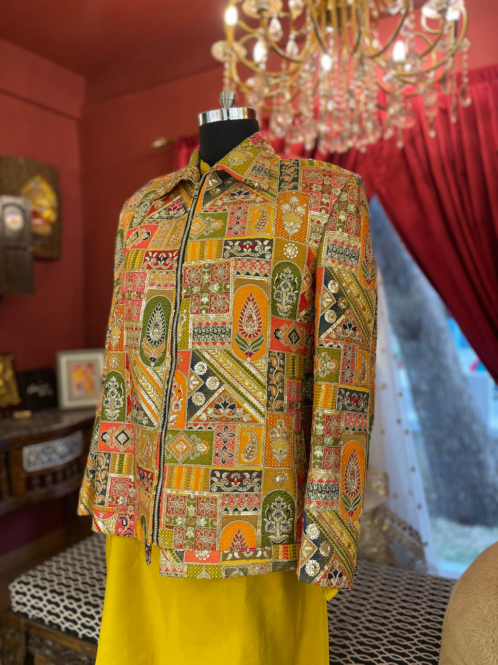 Intricate patchwork-inspired Yellow Jacket with Kurta