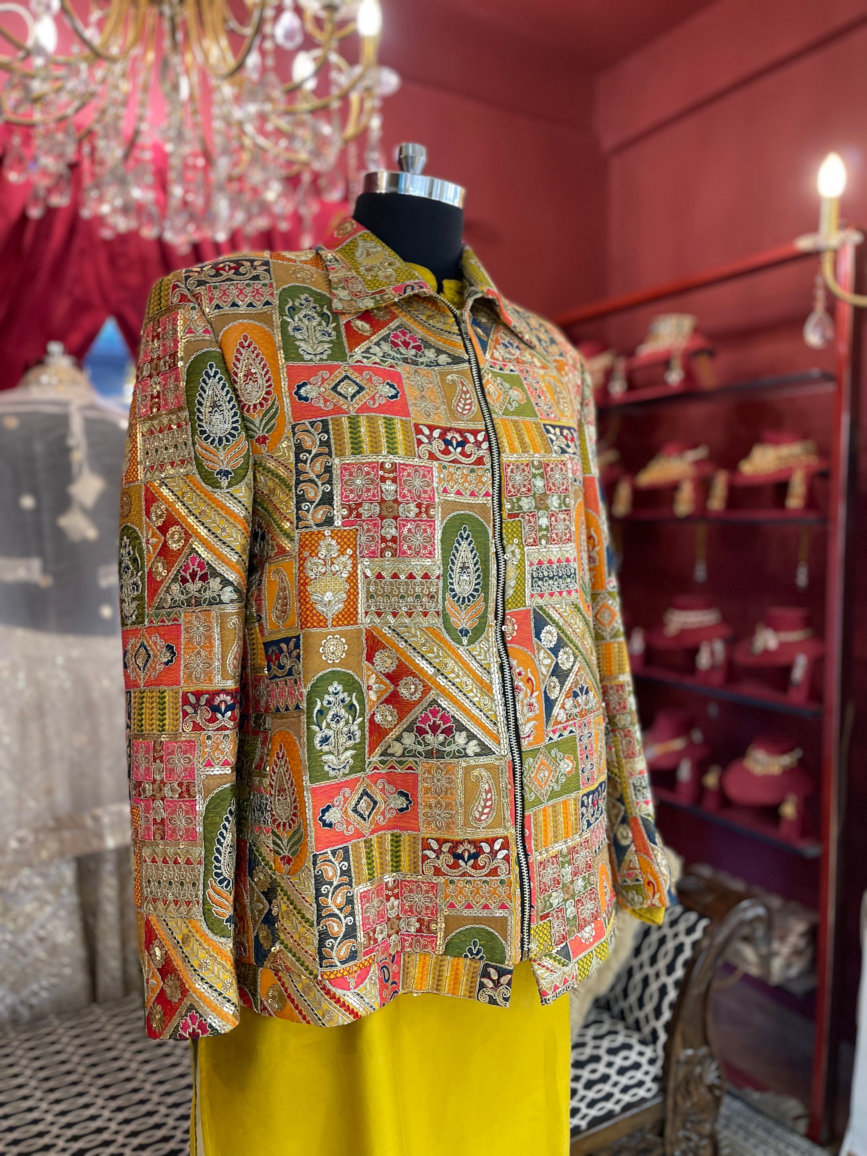 Intricate patchwork-inspired Yellow Jacket with Kurta
