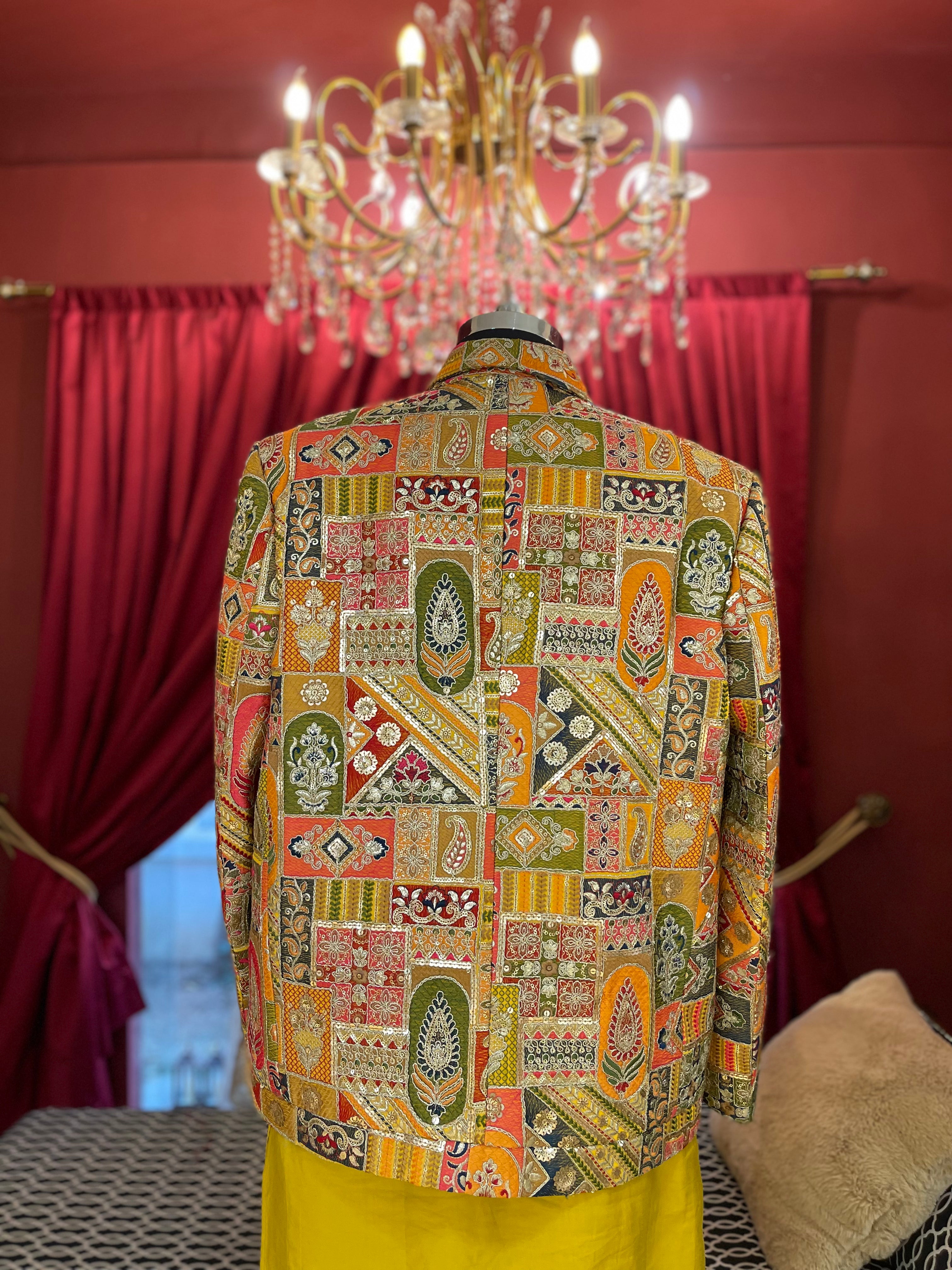 Intricate patchwork-inspired Yellow Jacket with Kurta