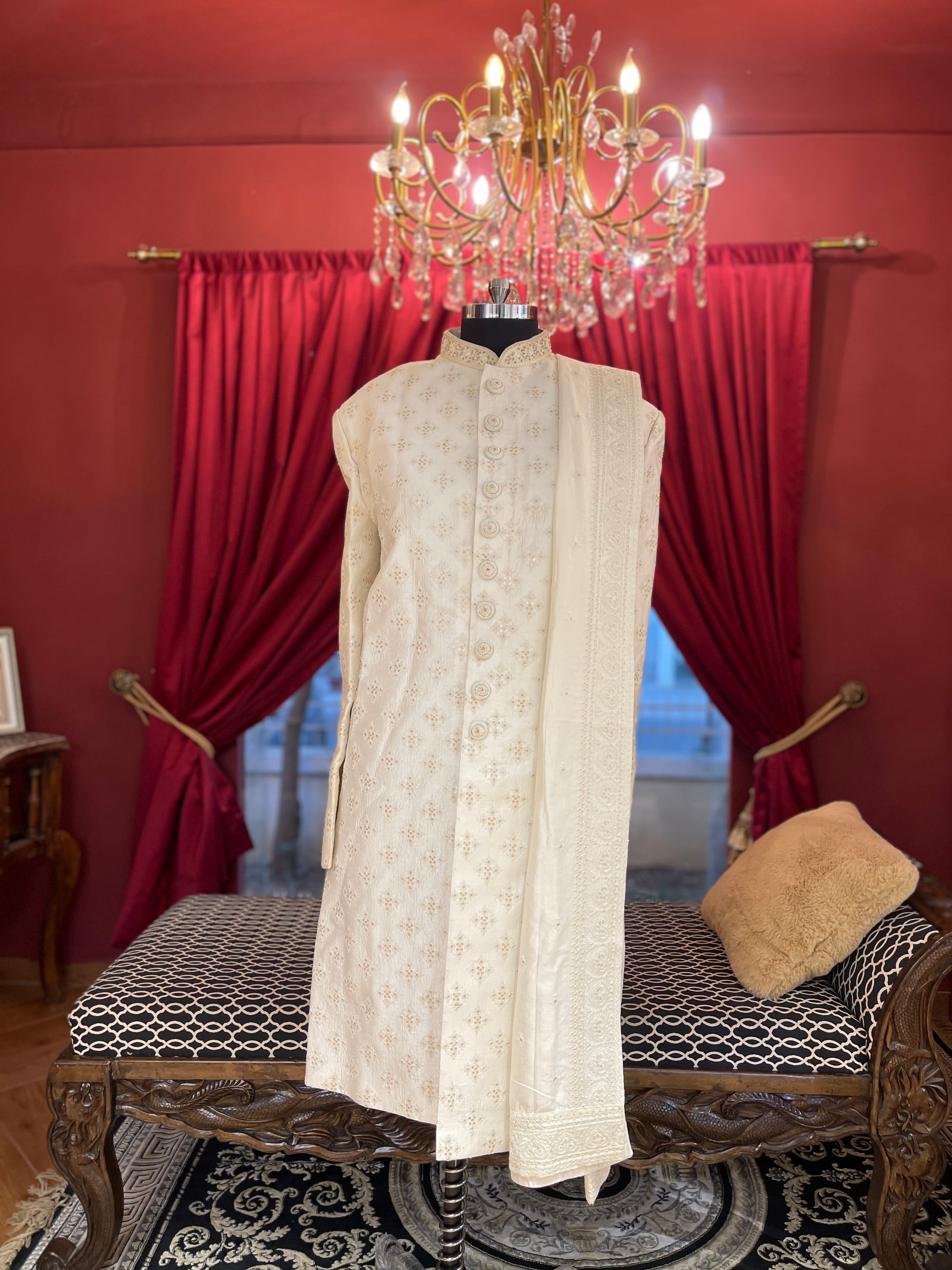 Ivory Sherwani Thread Work with Hint of Sequin