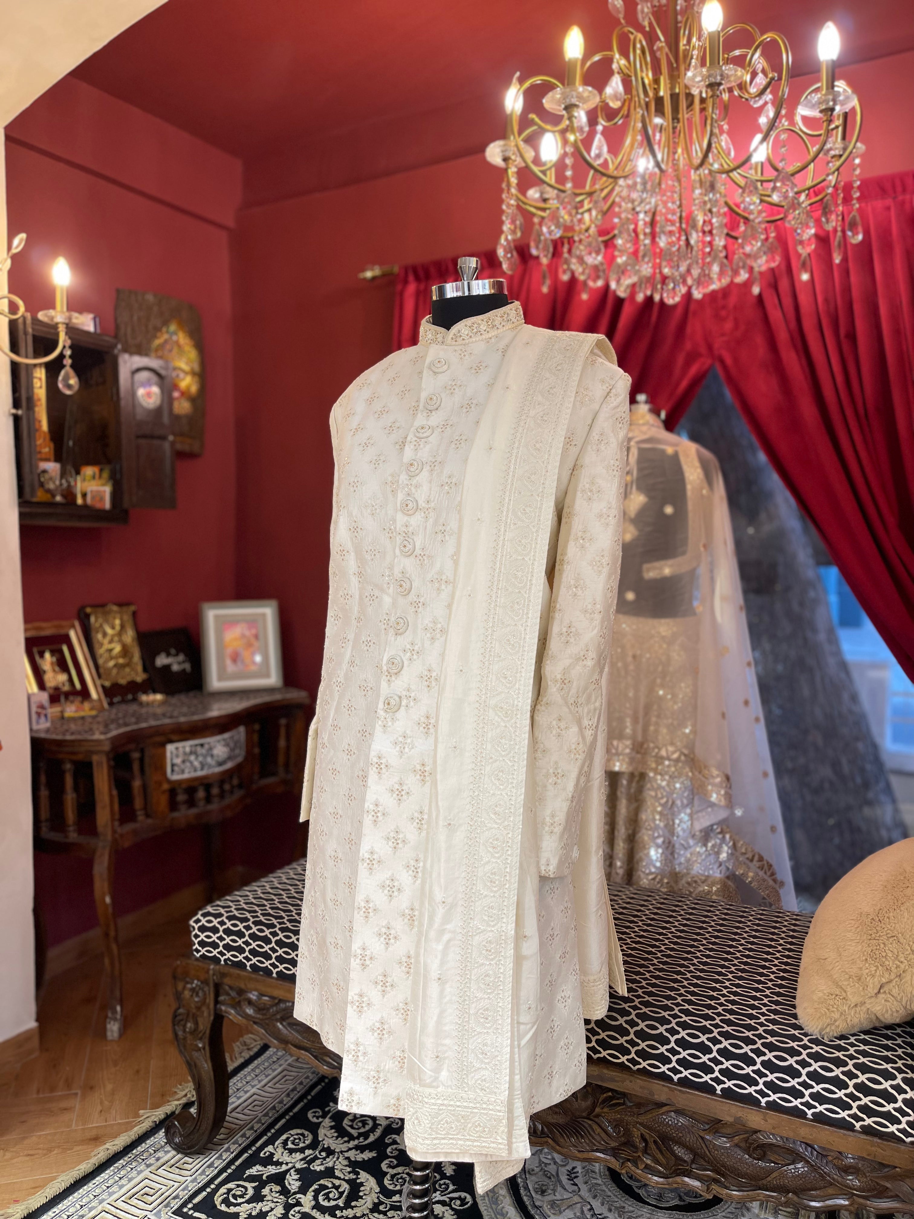 Ivory Sherwani Thread Work with Hint of Sequin