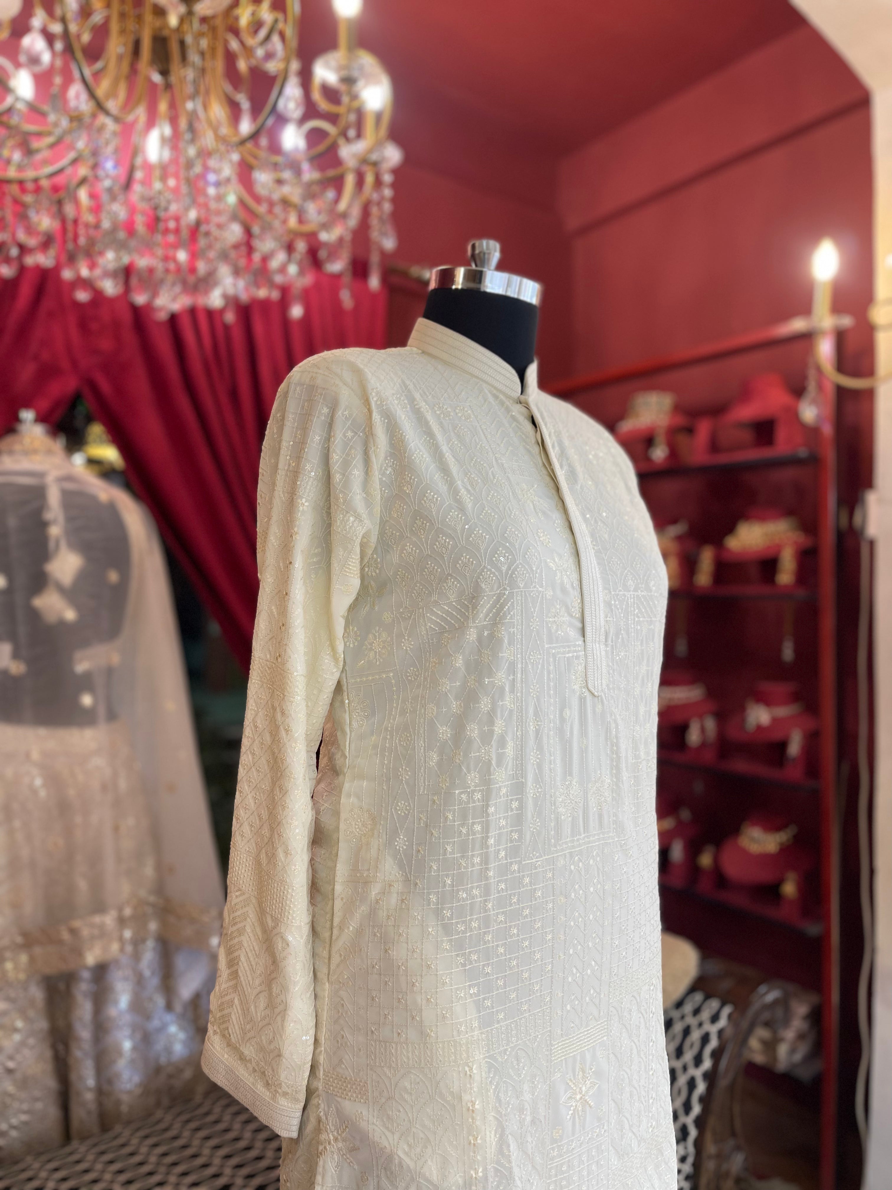 Ivory Tonal Threadwork Kurta